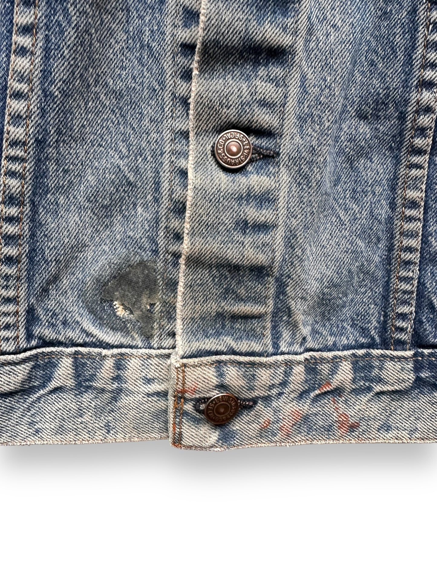Blemishes on lower portion of Vintage Levi's 2-Pocket Type III Denim Jacket SZ 40 | Vintage Denim Workwear Seattle | Seattle Vintage Denim