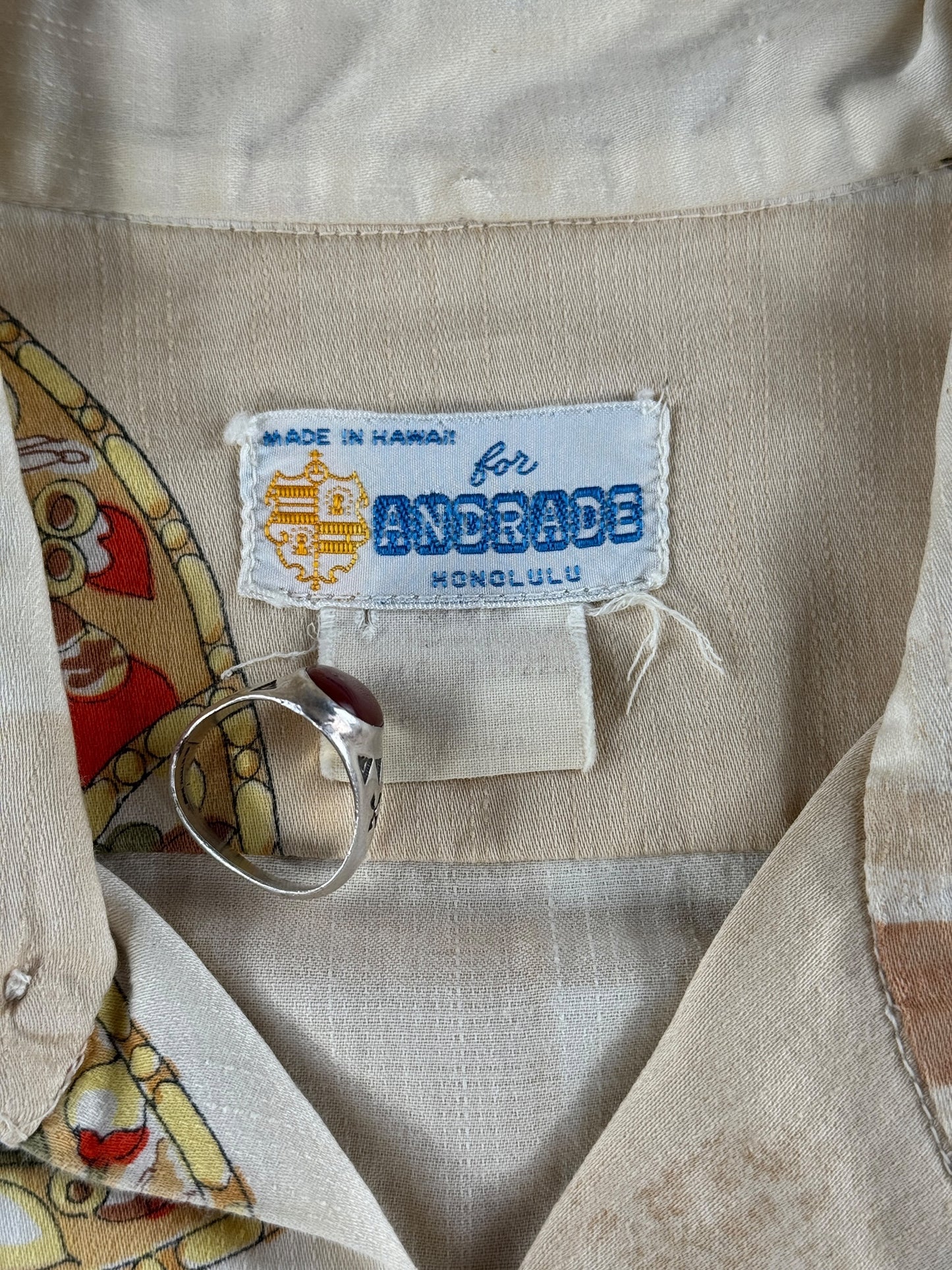 Tag on Vintage Andrade Warrior God Motif Aloha Shirt SZ L