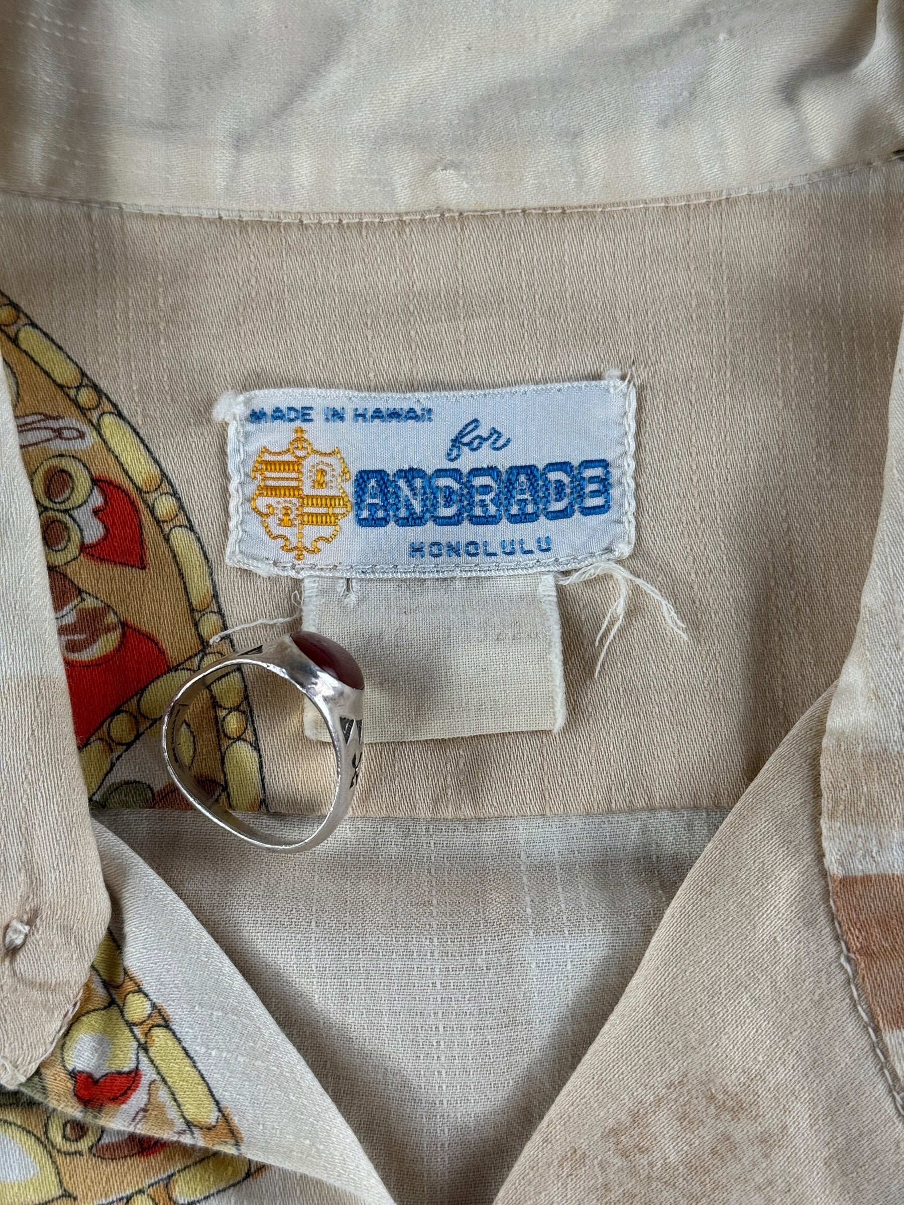 Tag on Vintage Andrade Warrior God Motif Aloha Shirt SZ L