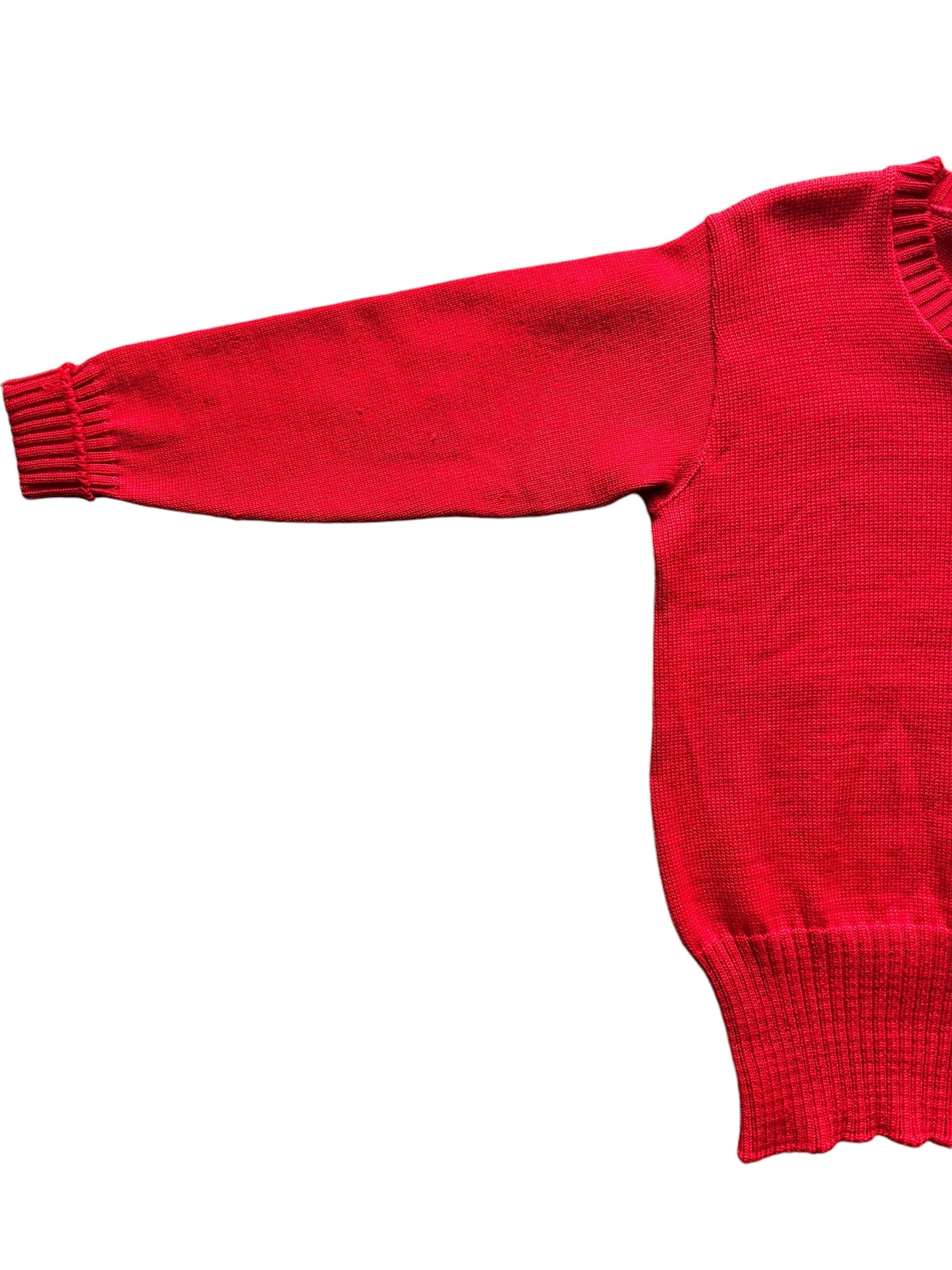 Front right sleeve of 1950s Sand Knit Red Wool Sweater M