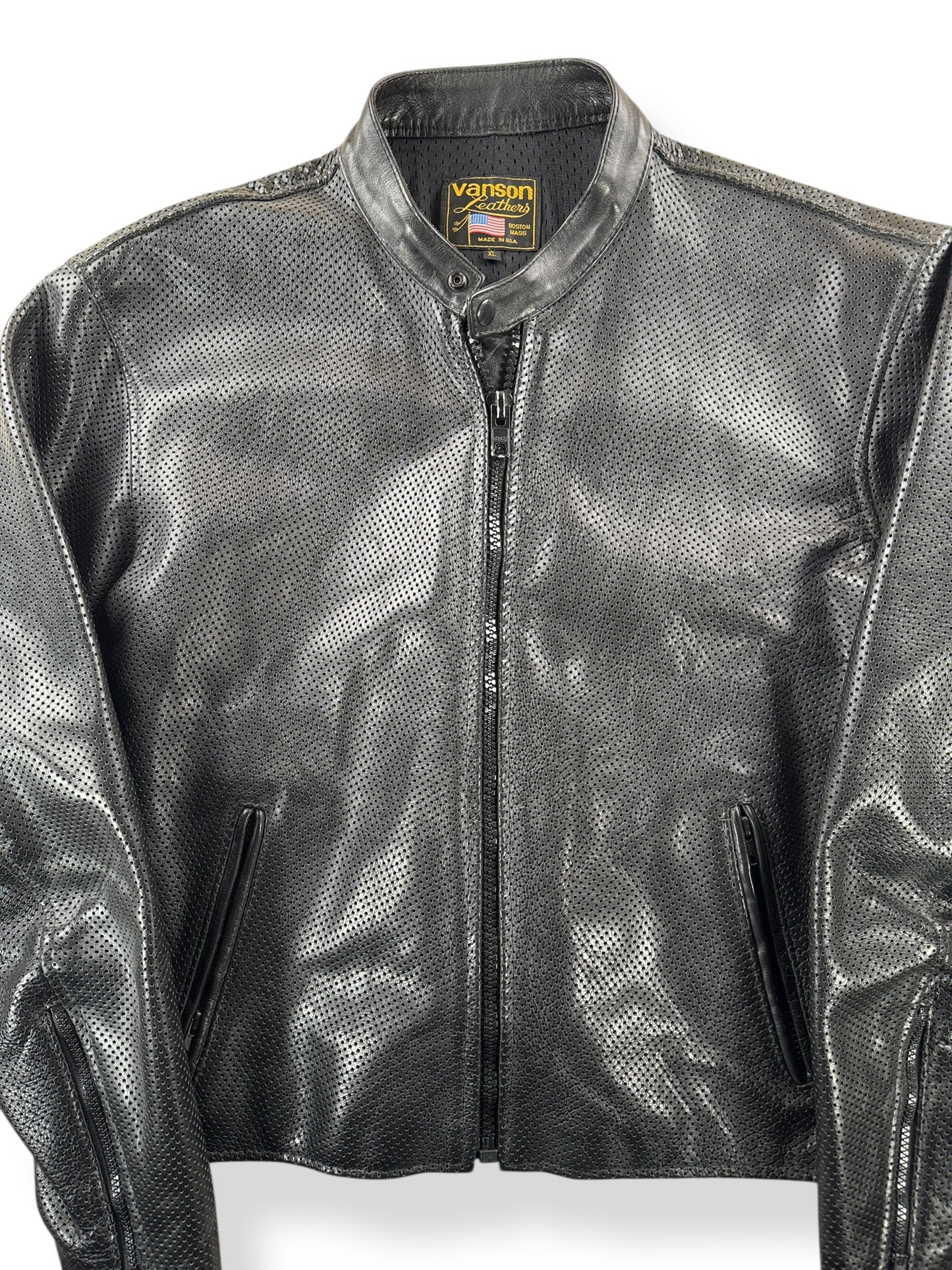 Front Close Up of Vintage Vanson Perforated Leather Jacket SZ XL