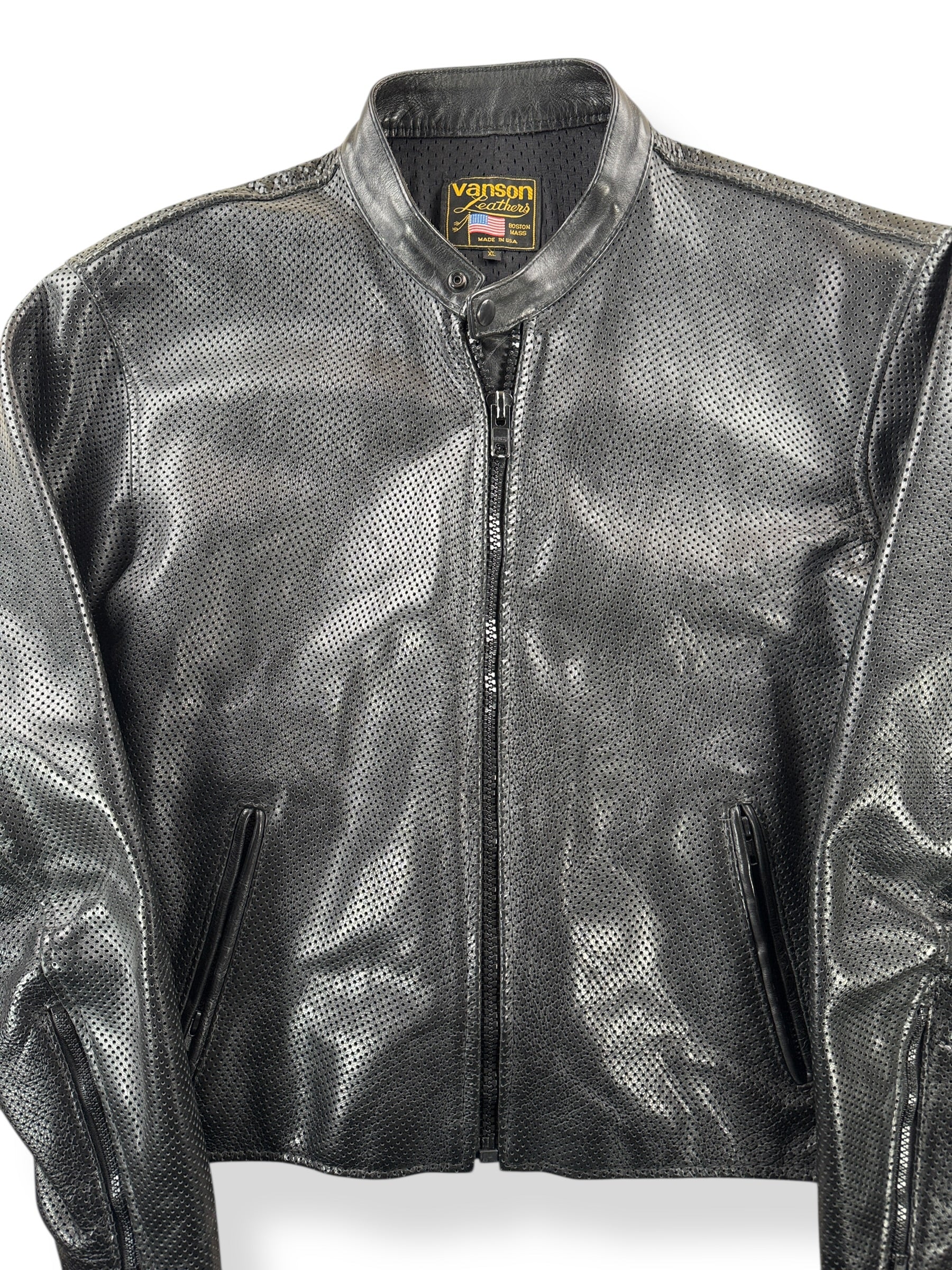 Front Close Up of Vintage Vanson Perforated Leather Jacket SZ XL