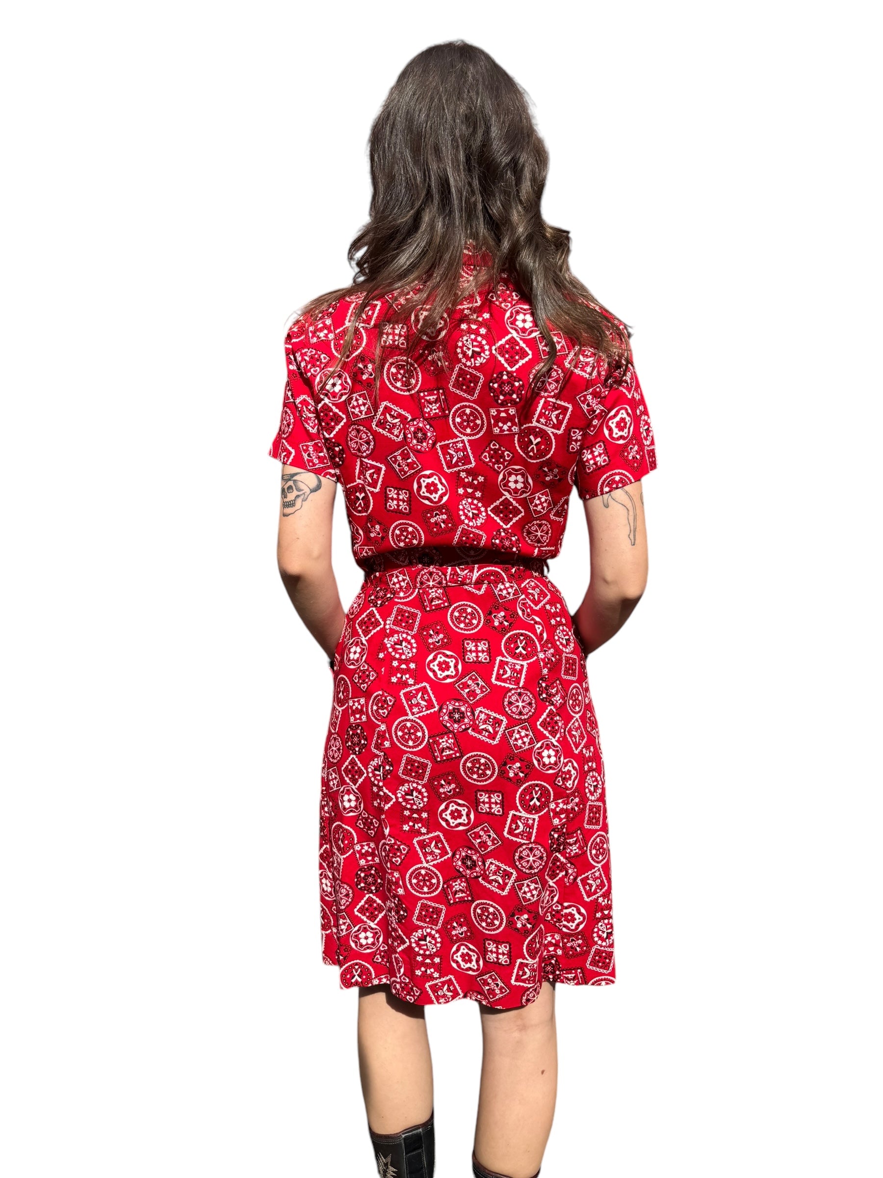 Back model view of Vintage Tregos Western Red Bandana Dress SZ S