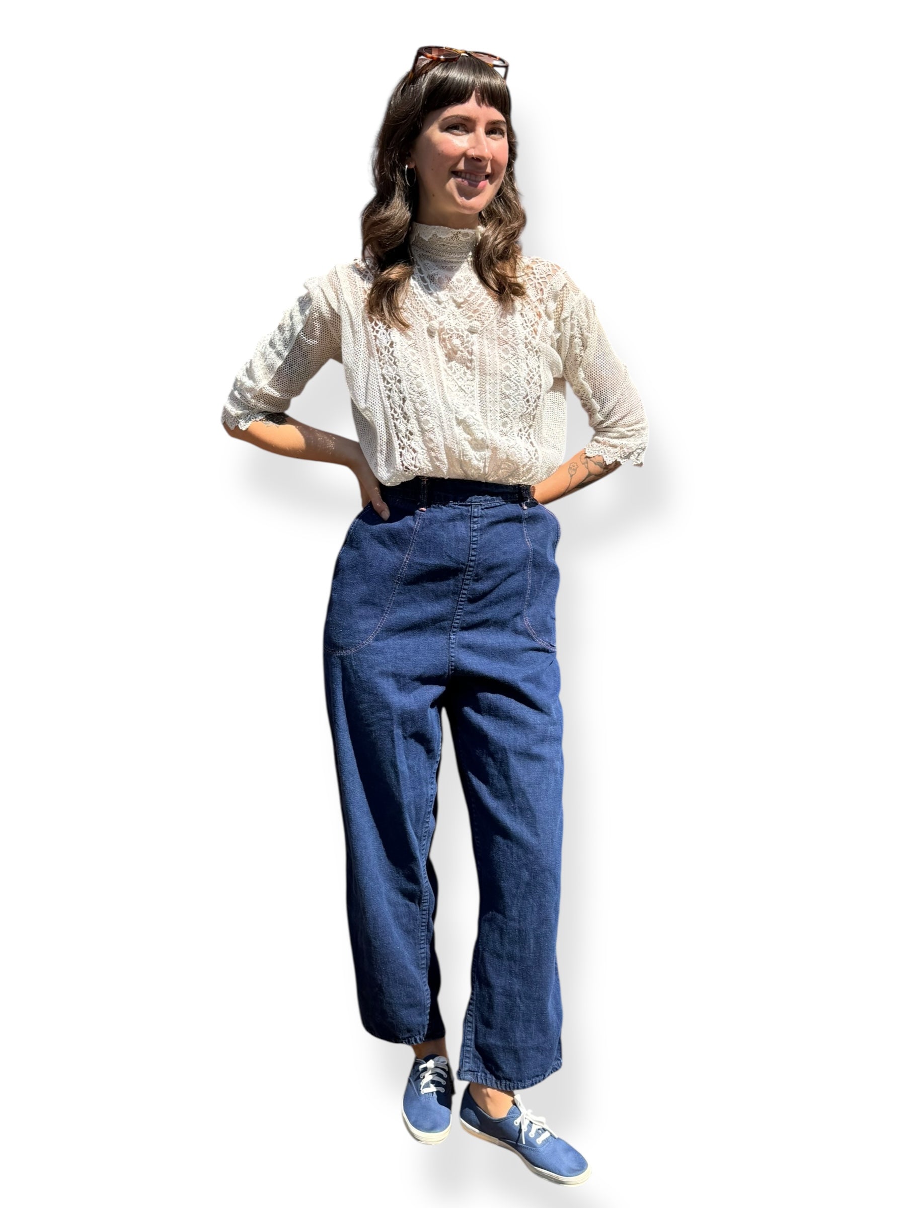 Front On Body View of Vintage Ladies Strong Reliable Side Zip Jeans W30