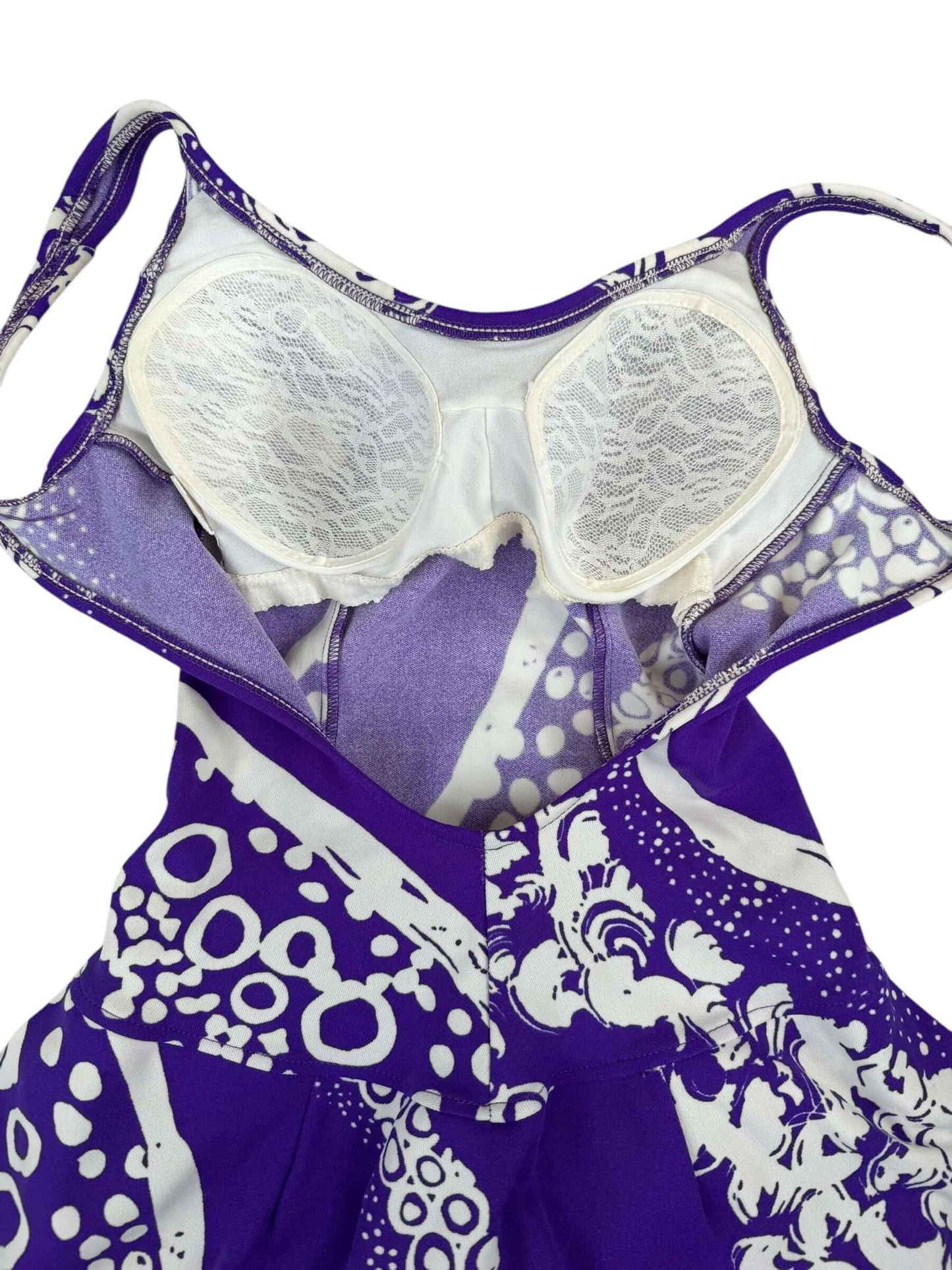 Lace bra inside view of Vintage 1960s Jantzen Purple Swimsuit S