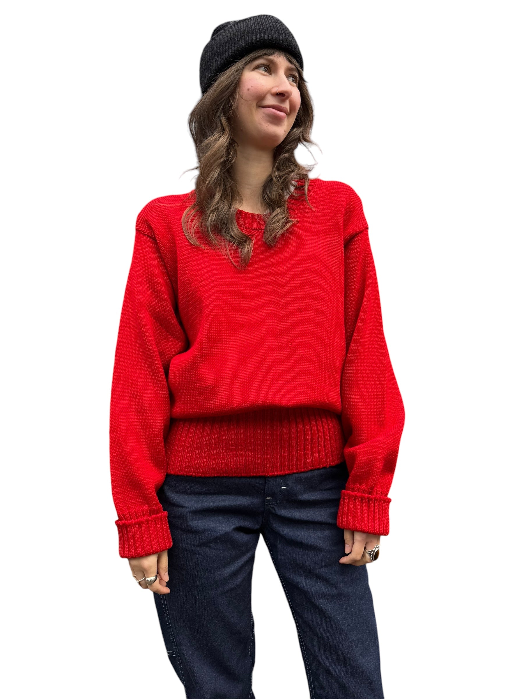 Front view of 1950s Sand Knit Red Wool Sweater M