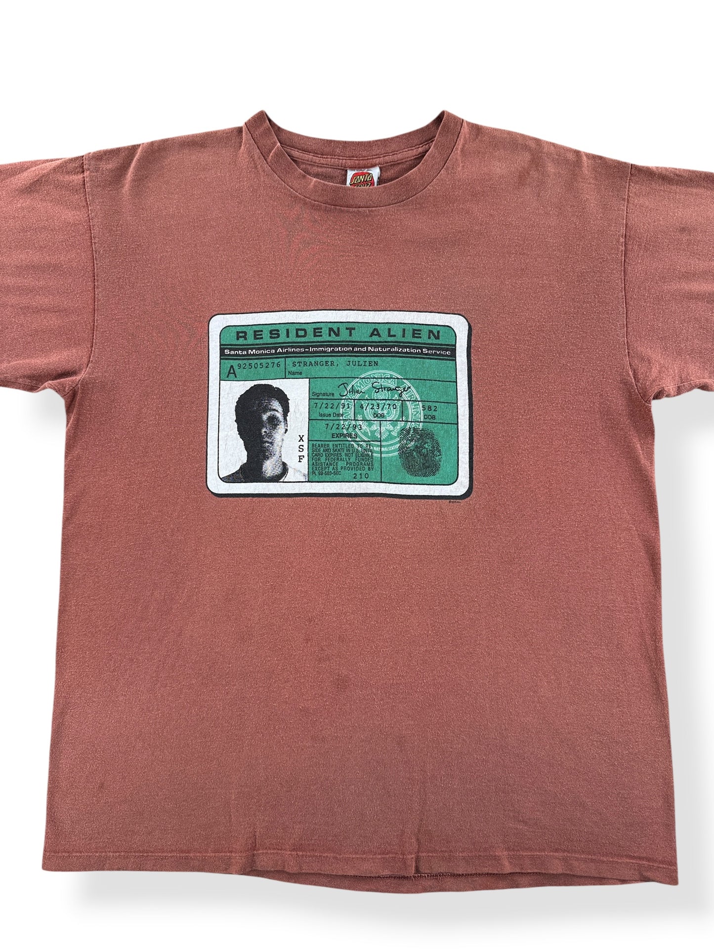 Front Close Up of Vintage Santa Cruz Julien Stranger Santa Monica Airlines Skateboard Tee SZ XL