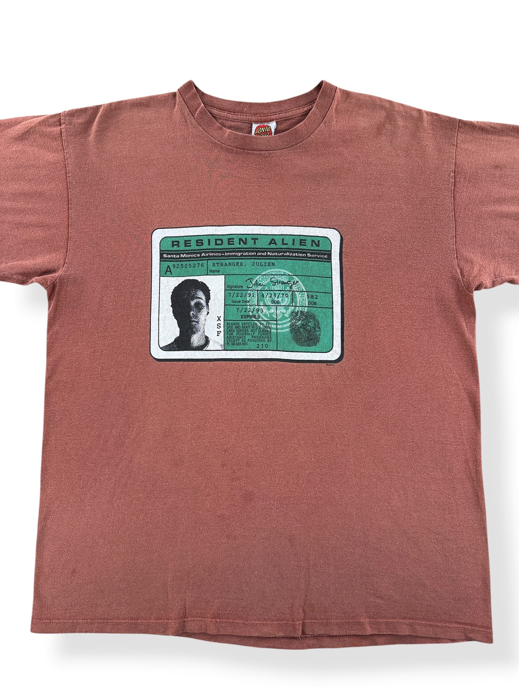 Front Close Up of Vintage Santa Cruz Julien Stranger Santa Monica Airlines Skateboard Tee SZ XL