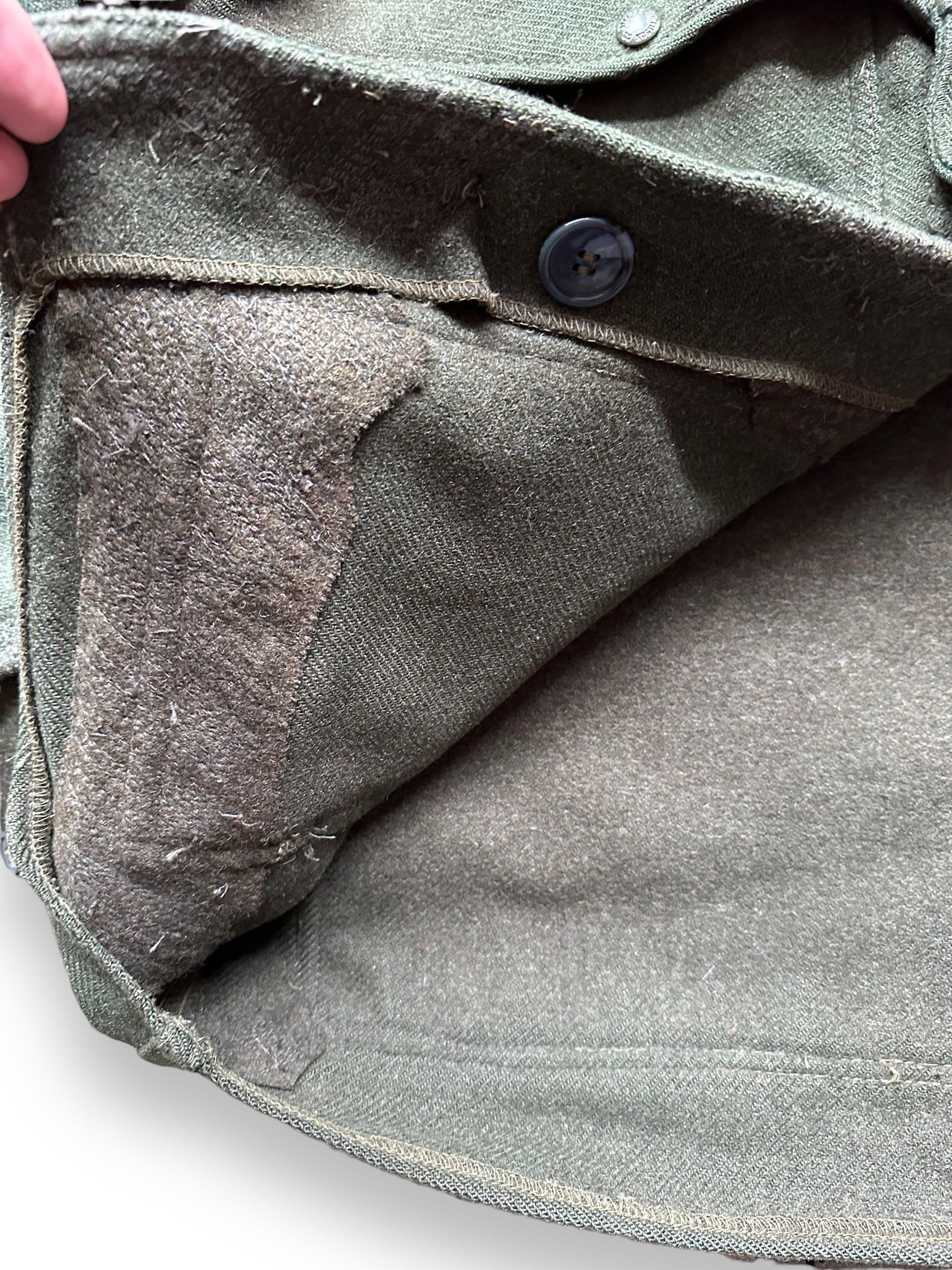 Additional Darn Repairs on Vintage Filson Forest Green Repaired Double Mackinaw Cruiser SZ 40 |  Vintage Filson Cruiser Seattle | Vintage Workwear Seattle