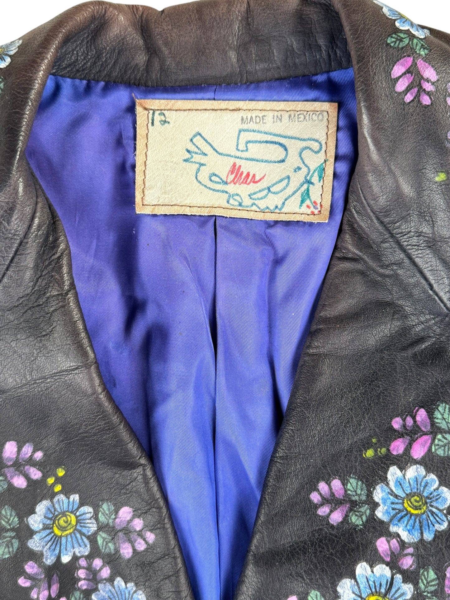 Tag view of 1970s Char Mexican Hand Painted Leather Jacket M-L