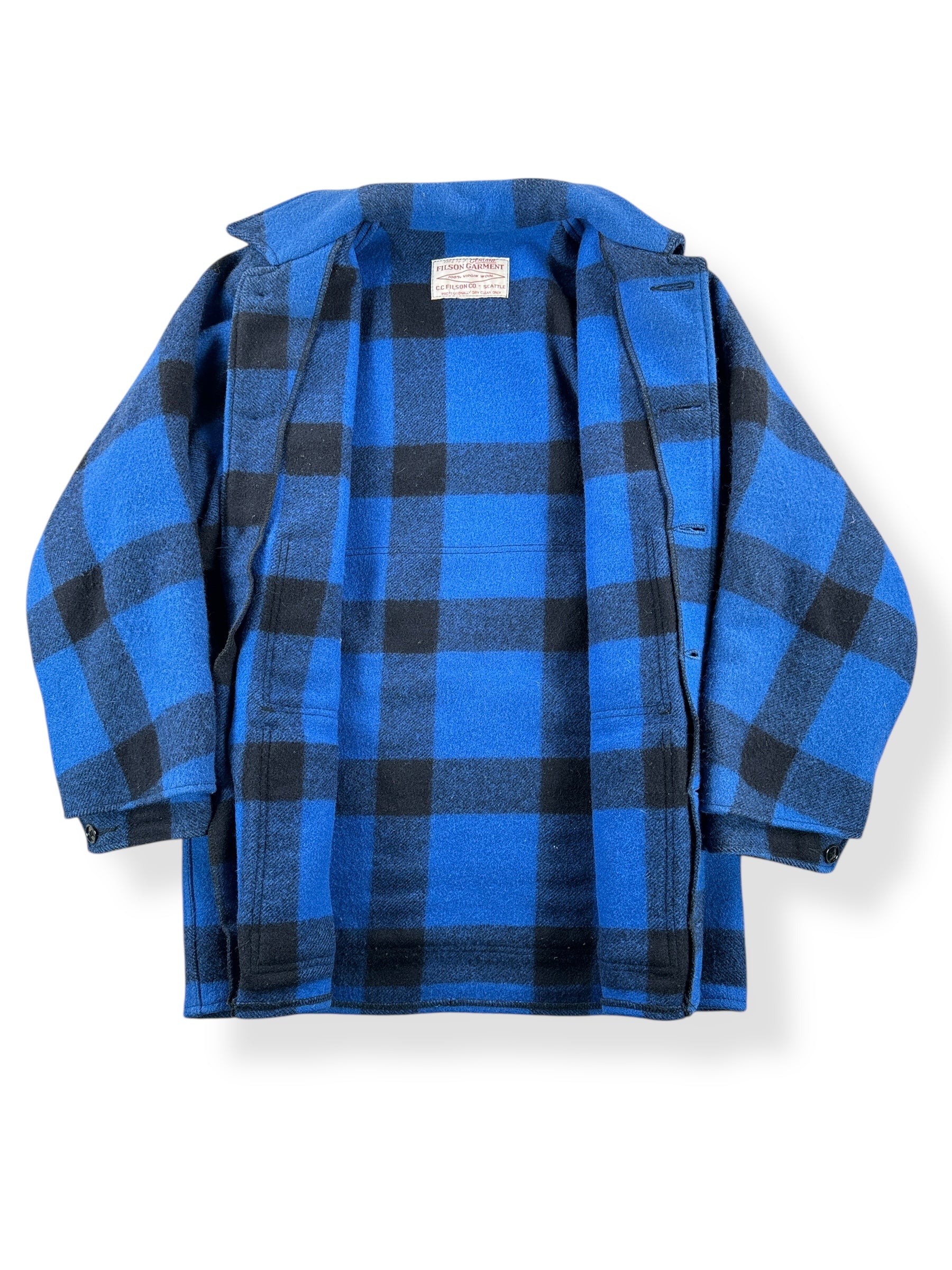 Inside of Vintage Filson Cobalt Blue & Black Double Mackinaw Jacket SZ 38
