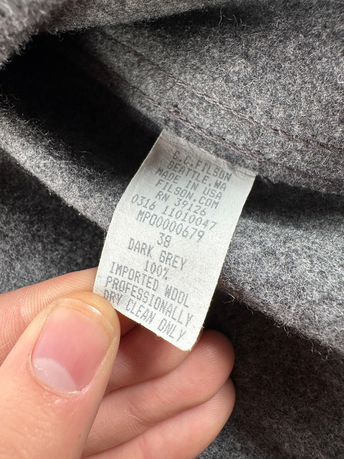Info tag on Filson Wool Shirt Jac SZ 38