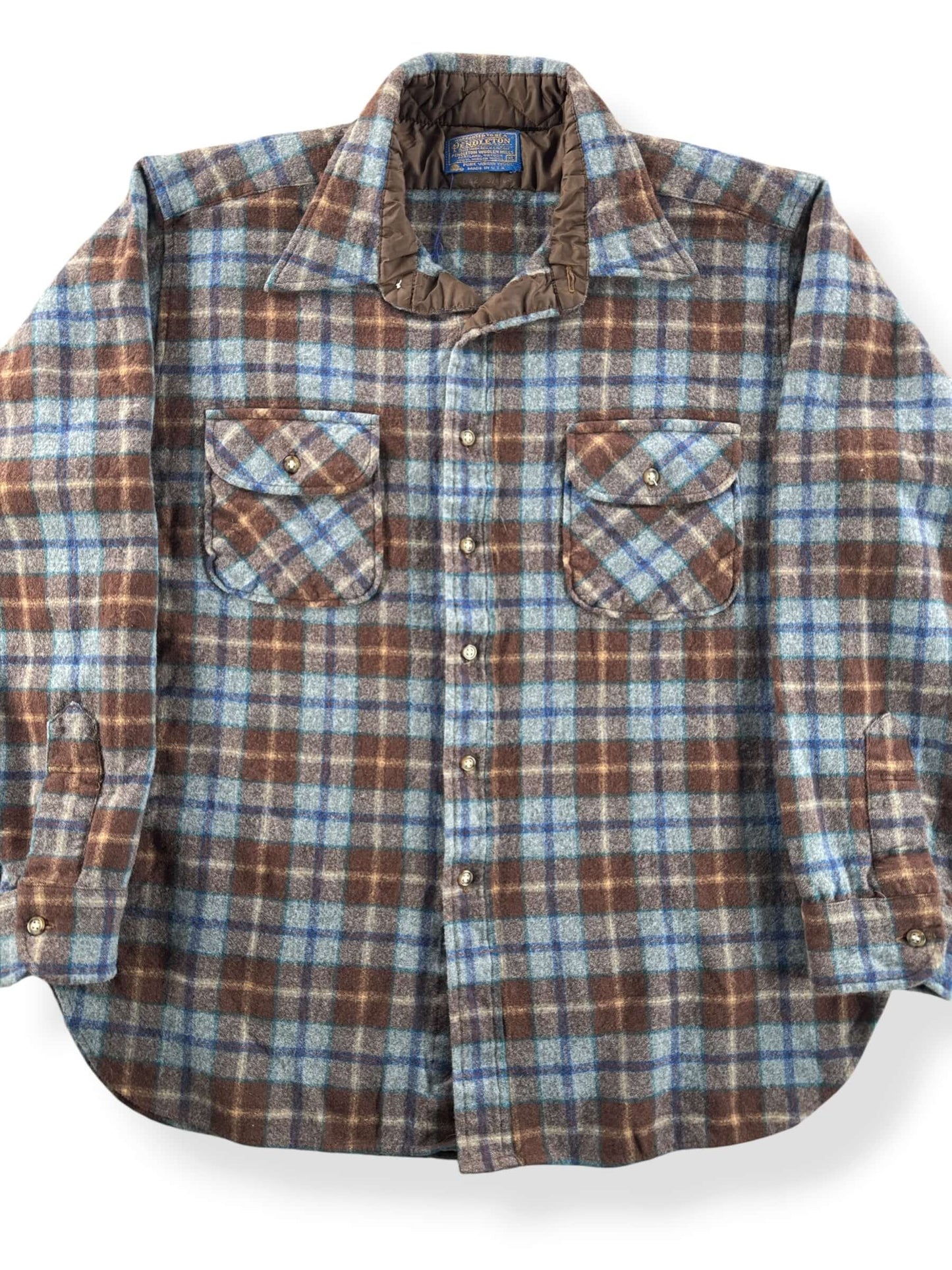 Front Close Up of Vintage Brown & Blue Pendleton Flannel SZ XL (Fits L)