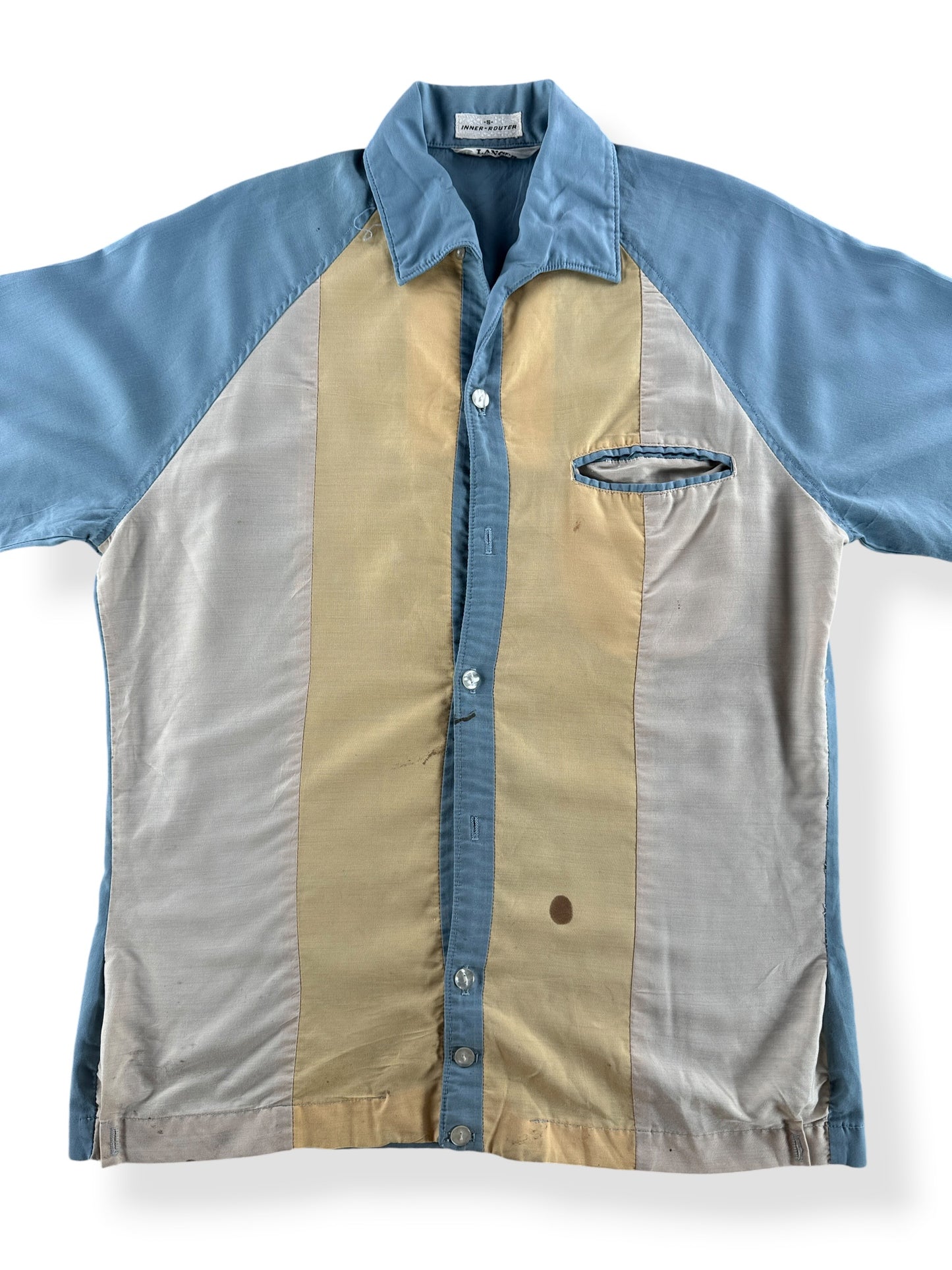 Front Close Up of Vintage Lancer Inner Router Button Up Shirt SZ S - AS IS
