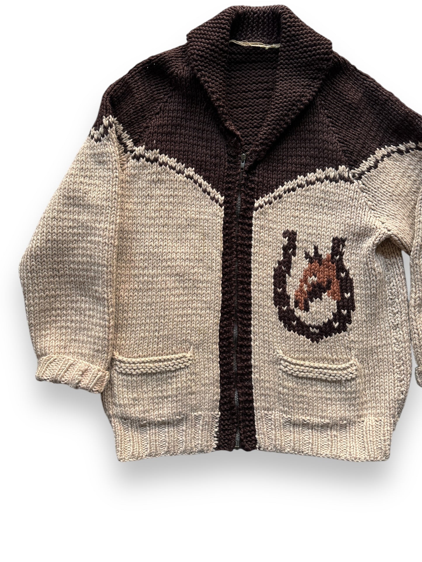 Front Left View of Vintage Horse Themed Cowichan Style Sweater SZ L