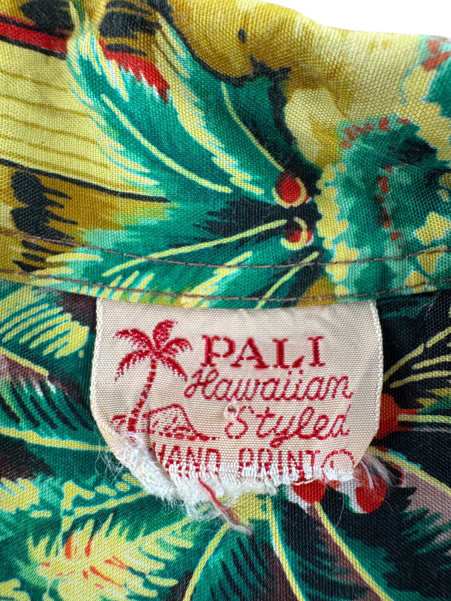 Tag on Vintage Pali Hand Printed Rayon Aloha Shirt SZ L AS IS