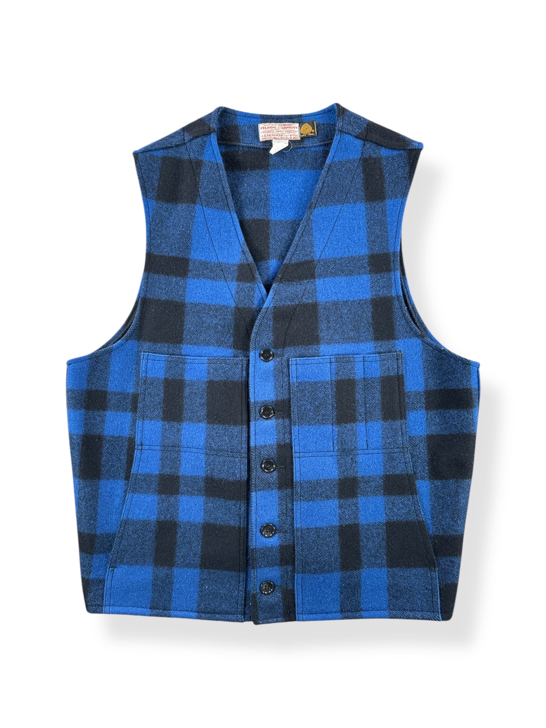 Front of Vintage Filson Cobalt Blue and Black Mackinaw Wool Vest SZ 48
