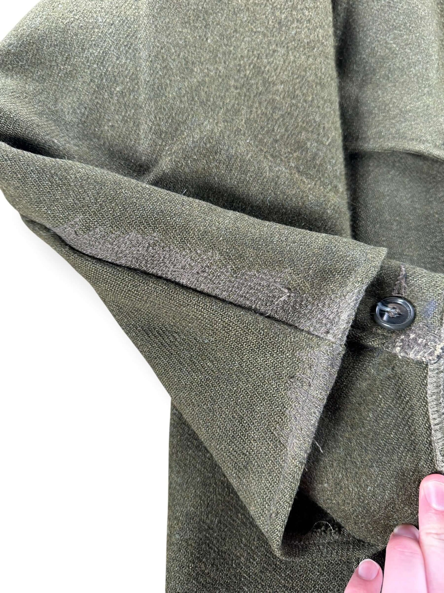 Repair on Vintage 90s Era Repaired Filson Olive Green Double Mackinaw Jacket SZ 46