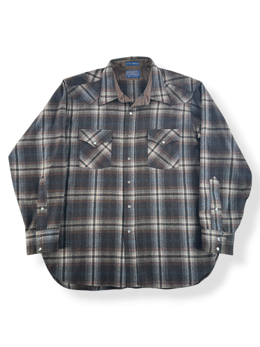 Front of Vintage Pendleton Western Wear Brown Pearlsnap Flannel SZ XL