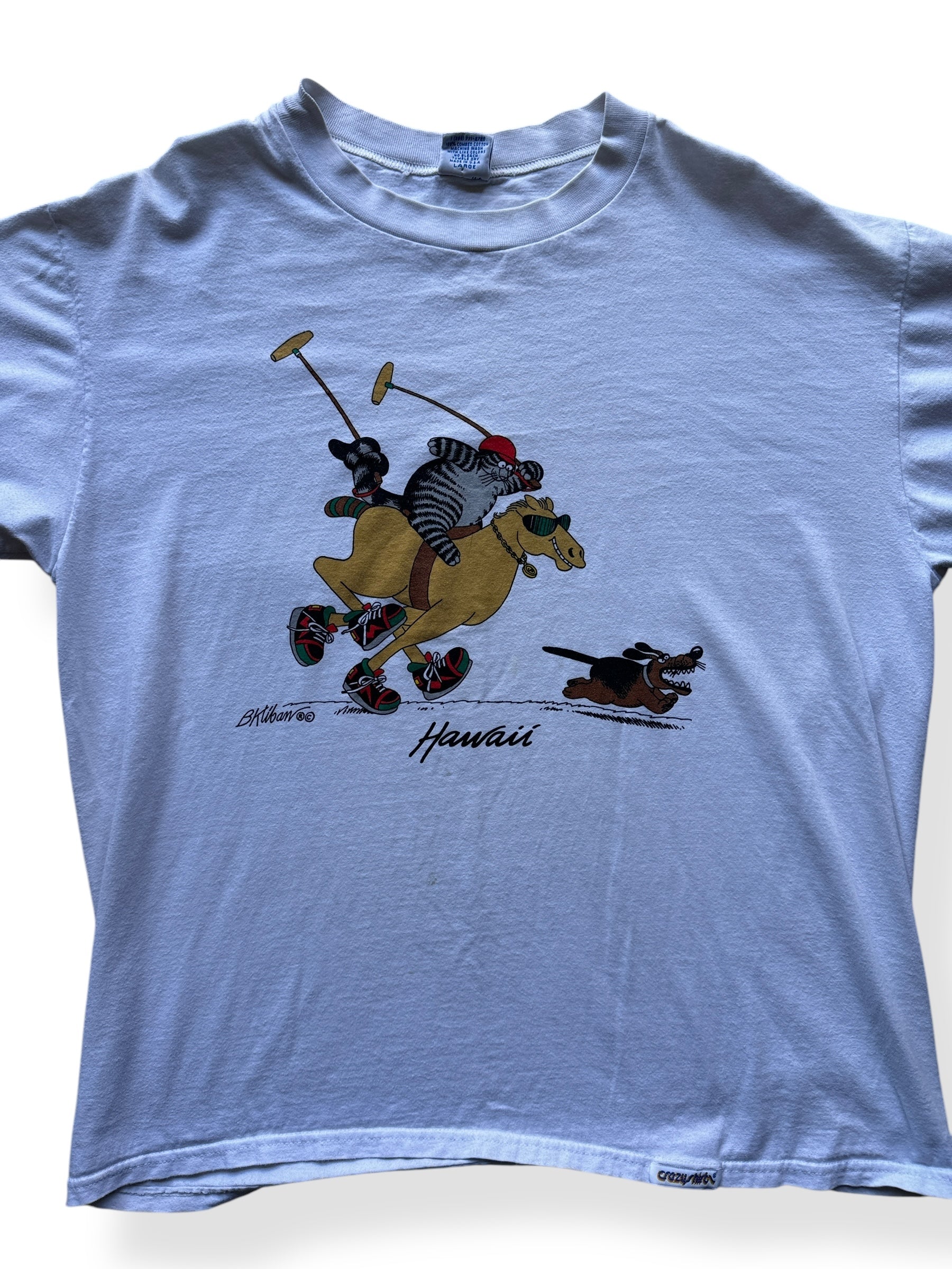 Front Close Up of Vintage Kilban Cat Crazy Shirt Polo Tee SZ L
