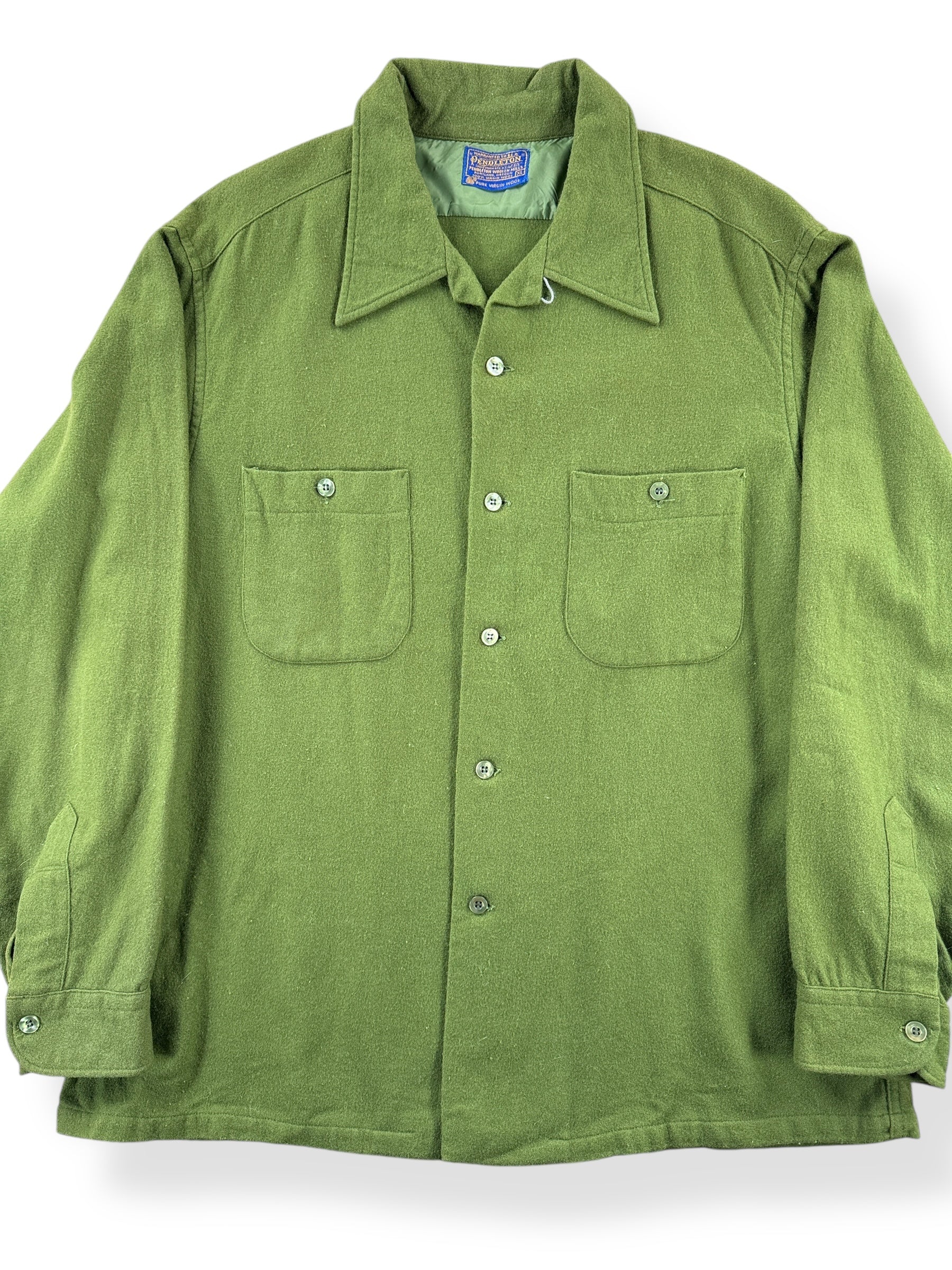 Front Close Up of Vintage Loop Collar Green Pendleton Shirt SZ XL