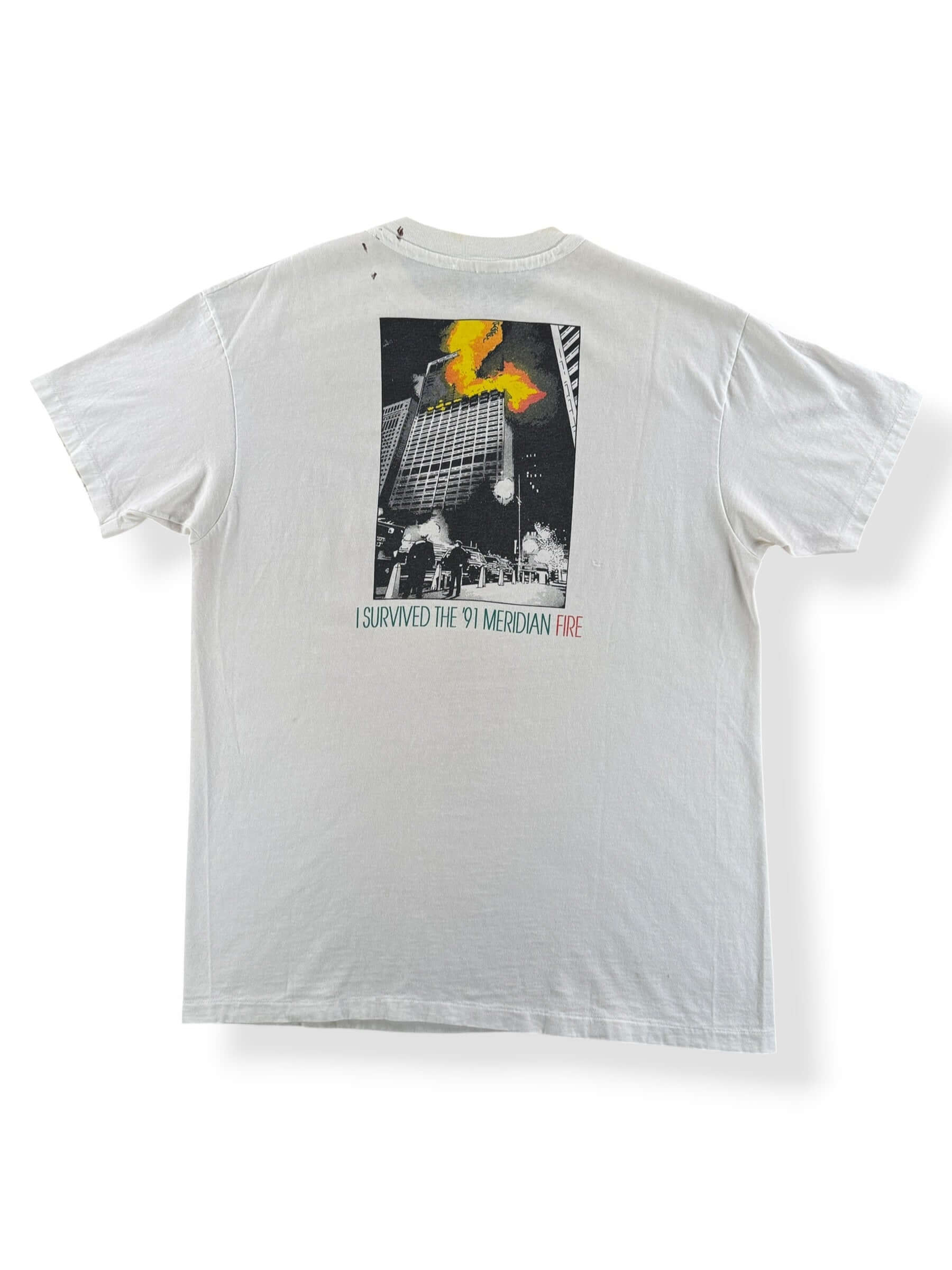Back of Vintage Comcast I Survived The '91 Meridian Fire Tee SZ L
