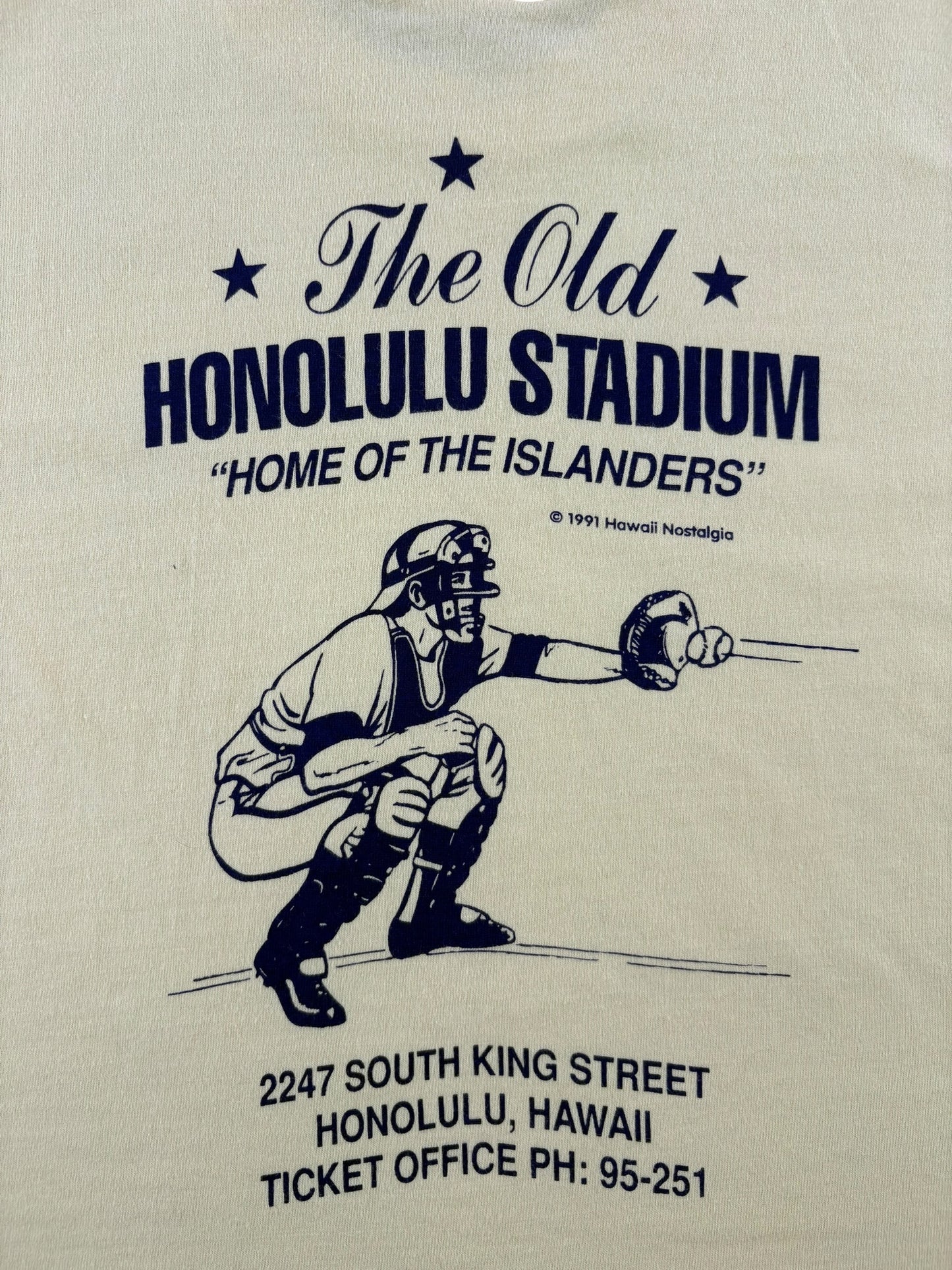 Back Graphic of Vintage Hawaii Nostalgia Home of the Islanders Baseball Tee SZ L (Fits M)