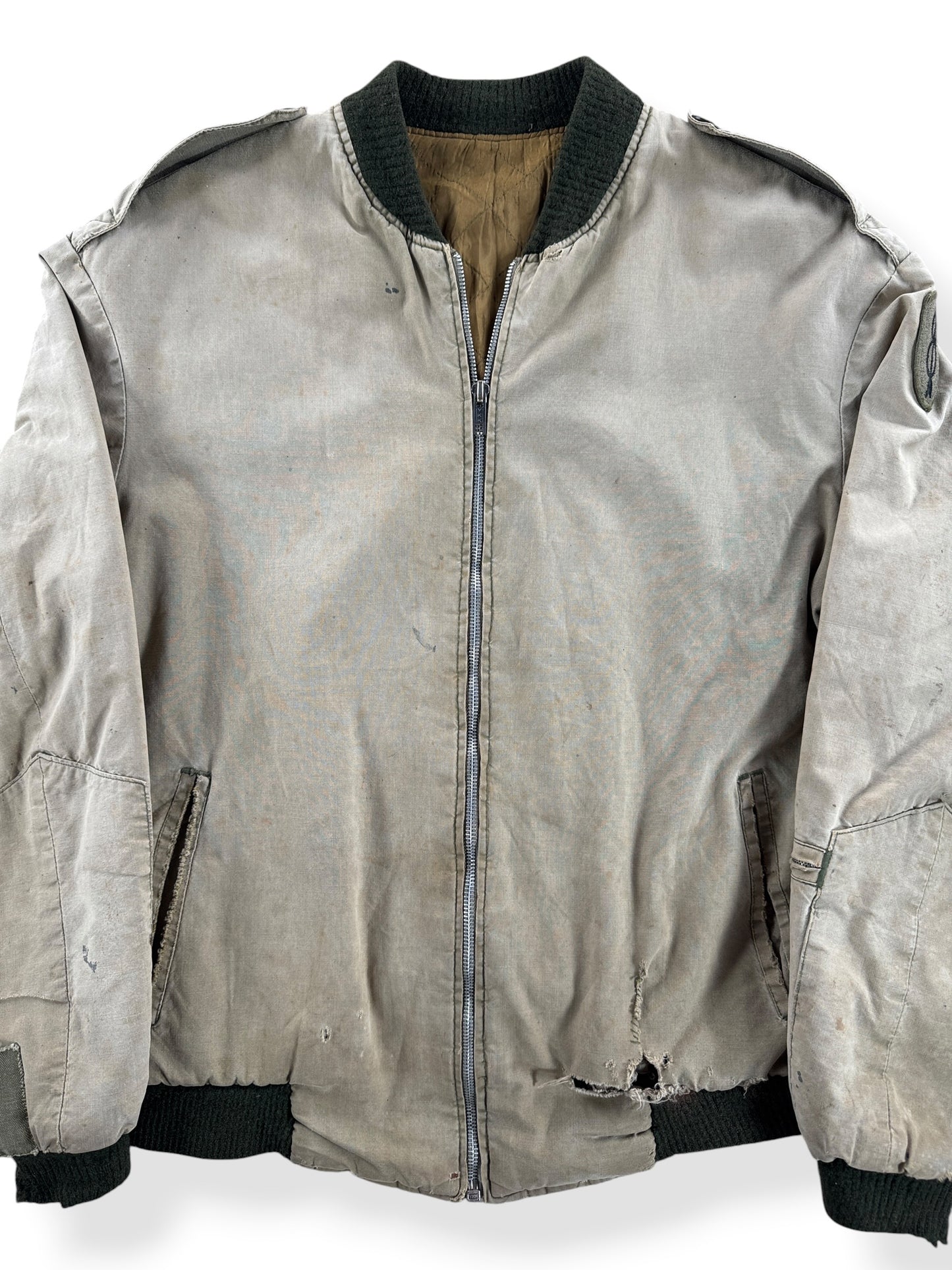 Front Close Up of Vintage Canvas Bomber Jacket SZ L - AS IS