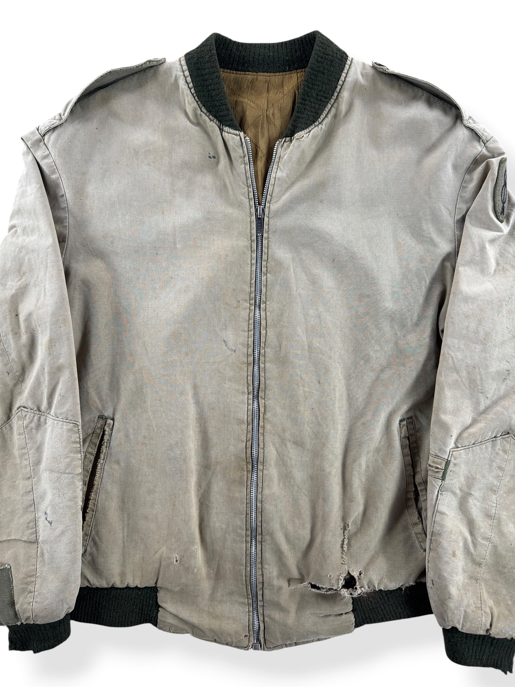 Front Close Up of Vintage Canvas Bomber Jacket SZ L - AS IS