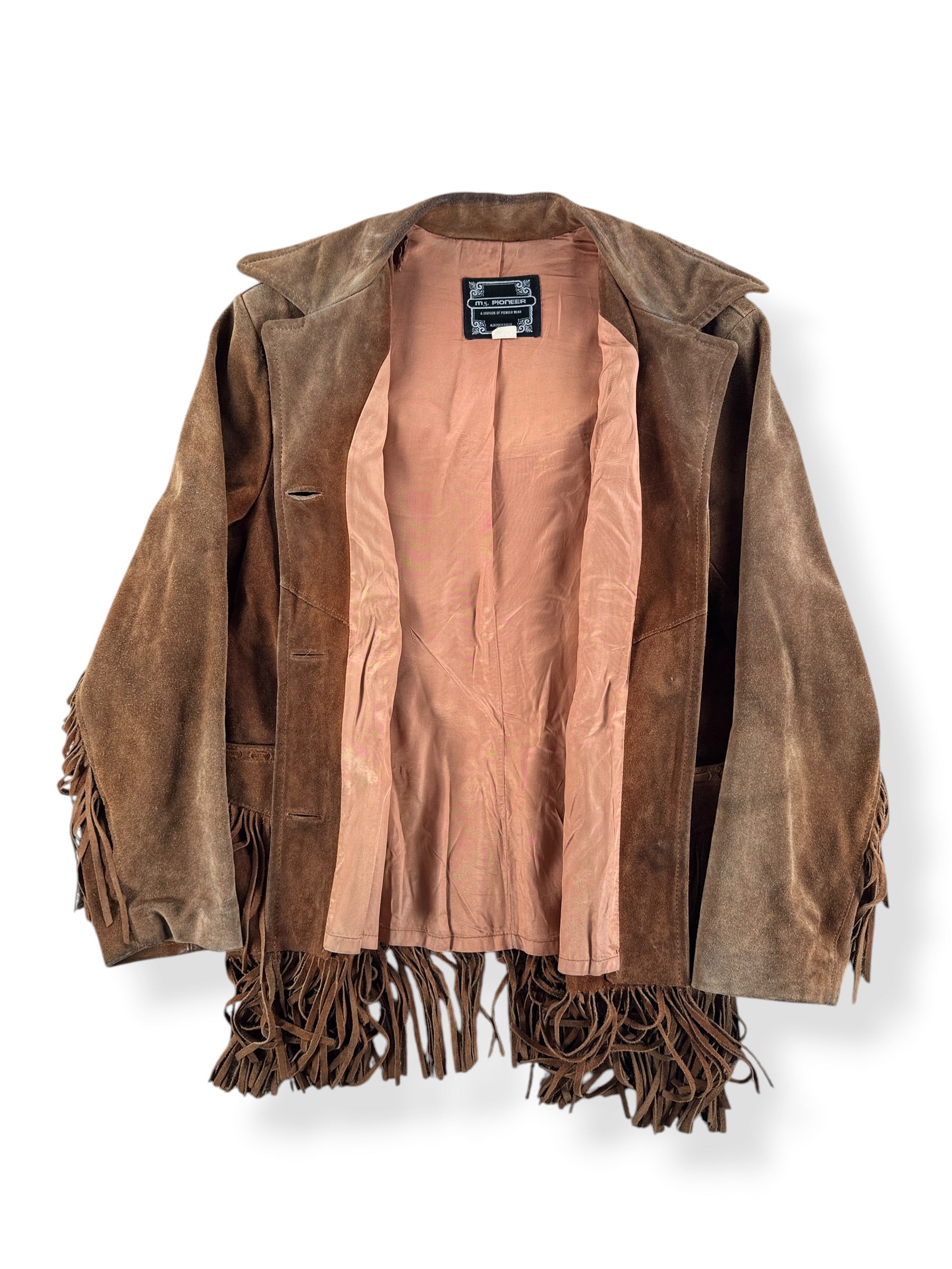 Inside of Vintage 70s Ms Pioneer Fringe Suede Leather Jacket SZ 14