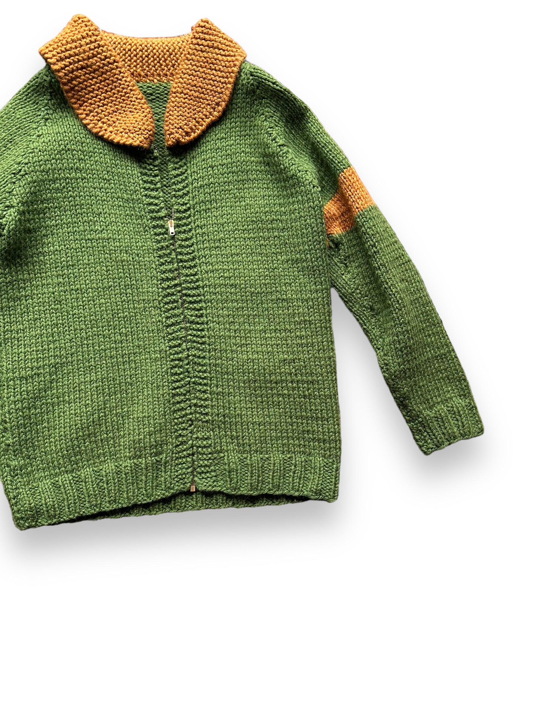 Front Left View of Vintage Green and Brown Striped Handknit Sweater SZ L | Vintage Wool Sweaters Seattle | Barn Owl Vintage Seattle
