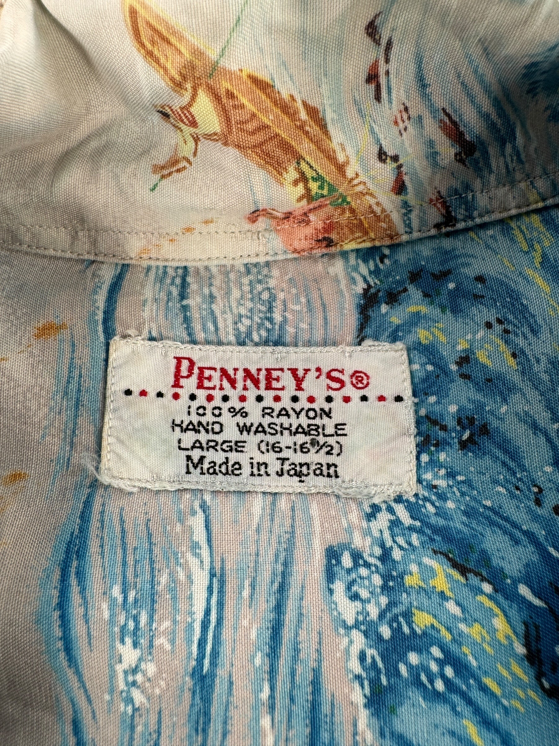 Tag on Vintage Penney's Blue Rayon Aloha Shirt SZ L