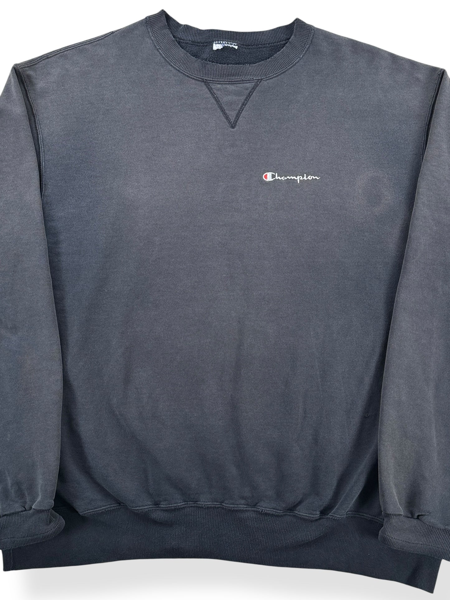 Front Close Up of Vintage Faded Black Champion Reverse Weave Crewneck SZ XL - AS IS