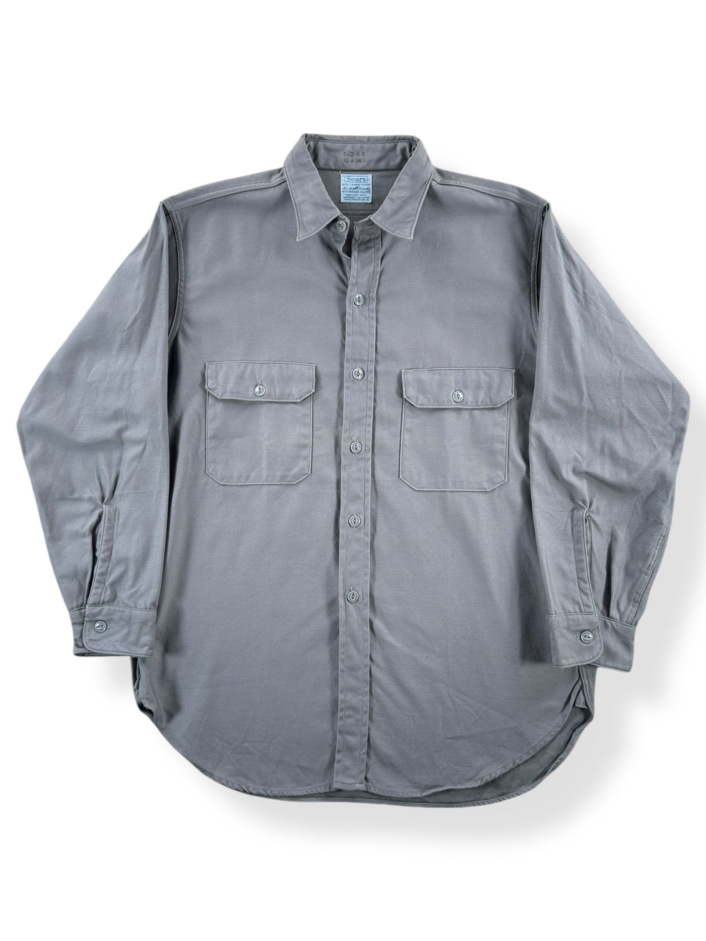Front of Vintage Grey Sears Mountain Cloth Heavyweight Twill Shirt SZ L