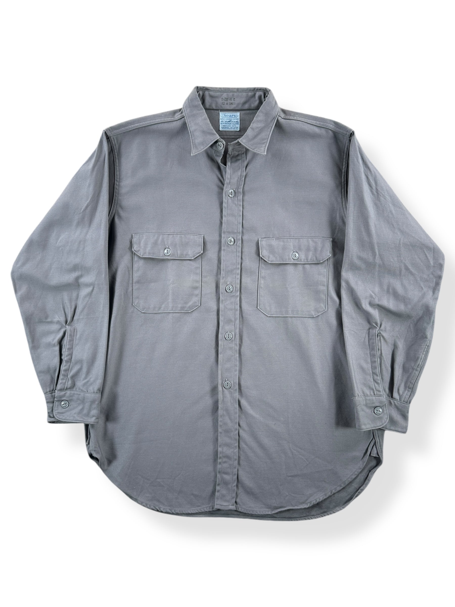 Front of Vintage Grey Sears Mountain Cloth Heavyweight Twill Shirt SZ L