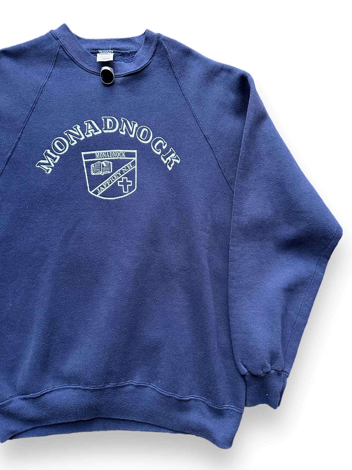 Front Left View of Vintage Monadnock Collegiate Pacific Sweatshirt SZ L | Vintage Jaffrey NH Crewneck Sweatshirts Seattle | Barn Owl Vintage Seattle