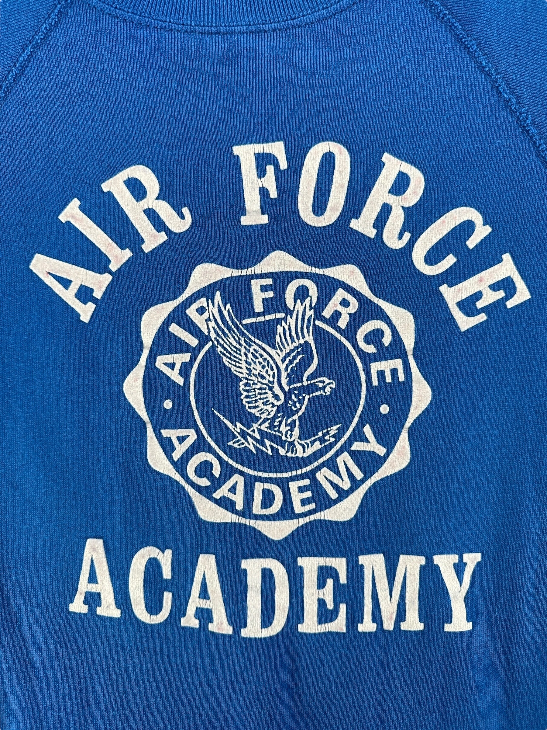 Front Graphic of Vintage Air Force Academy Blue Flocked Crewneck SZ L