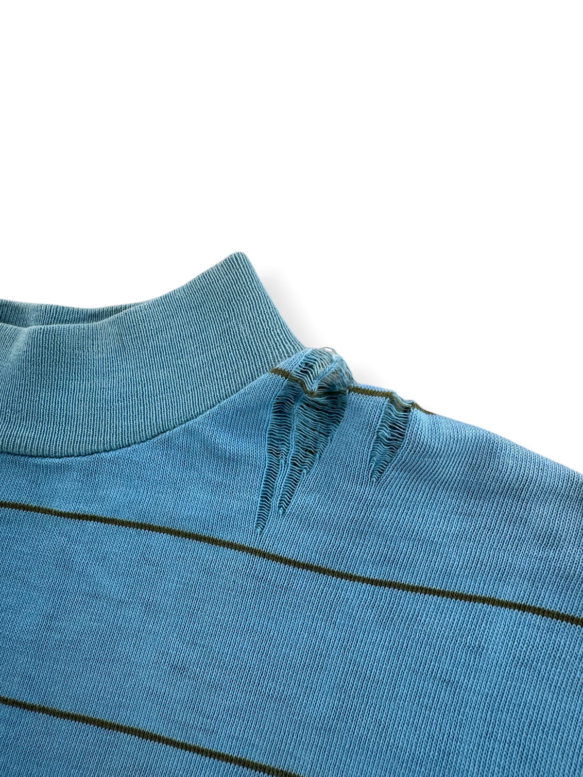 Hole next to collar on Vintage 60s/70s Turtle King Baby Blue Striped Pocket Tee SZ M