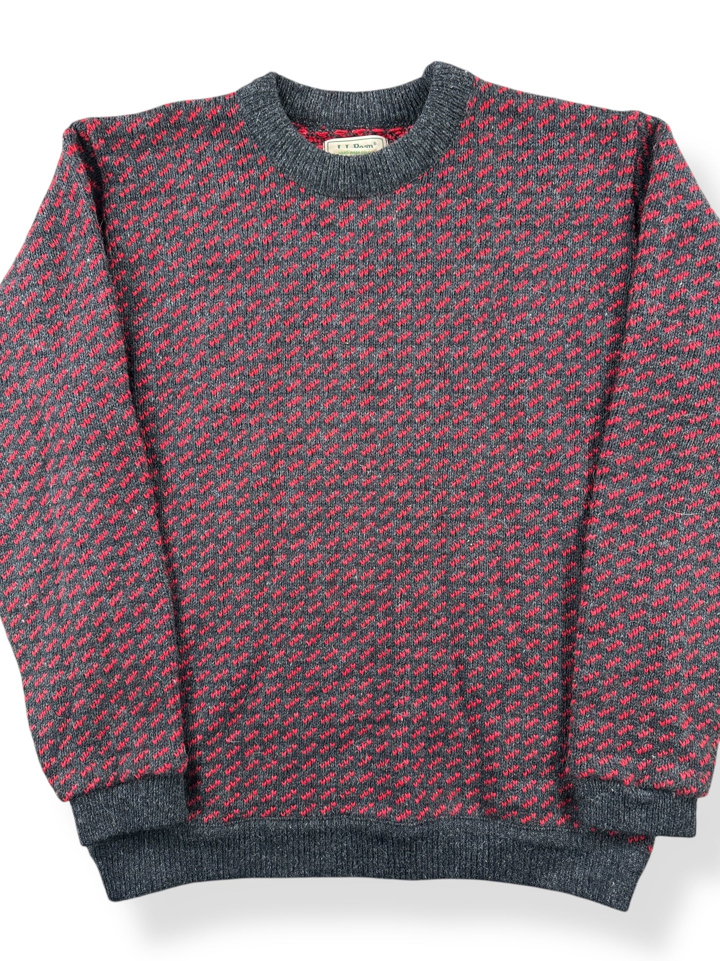 Front Close Up of Vintage Men's LL Bean Birdseye Sweater Red & Grey SZ Tall L