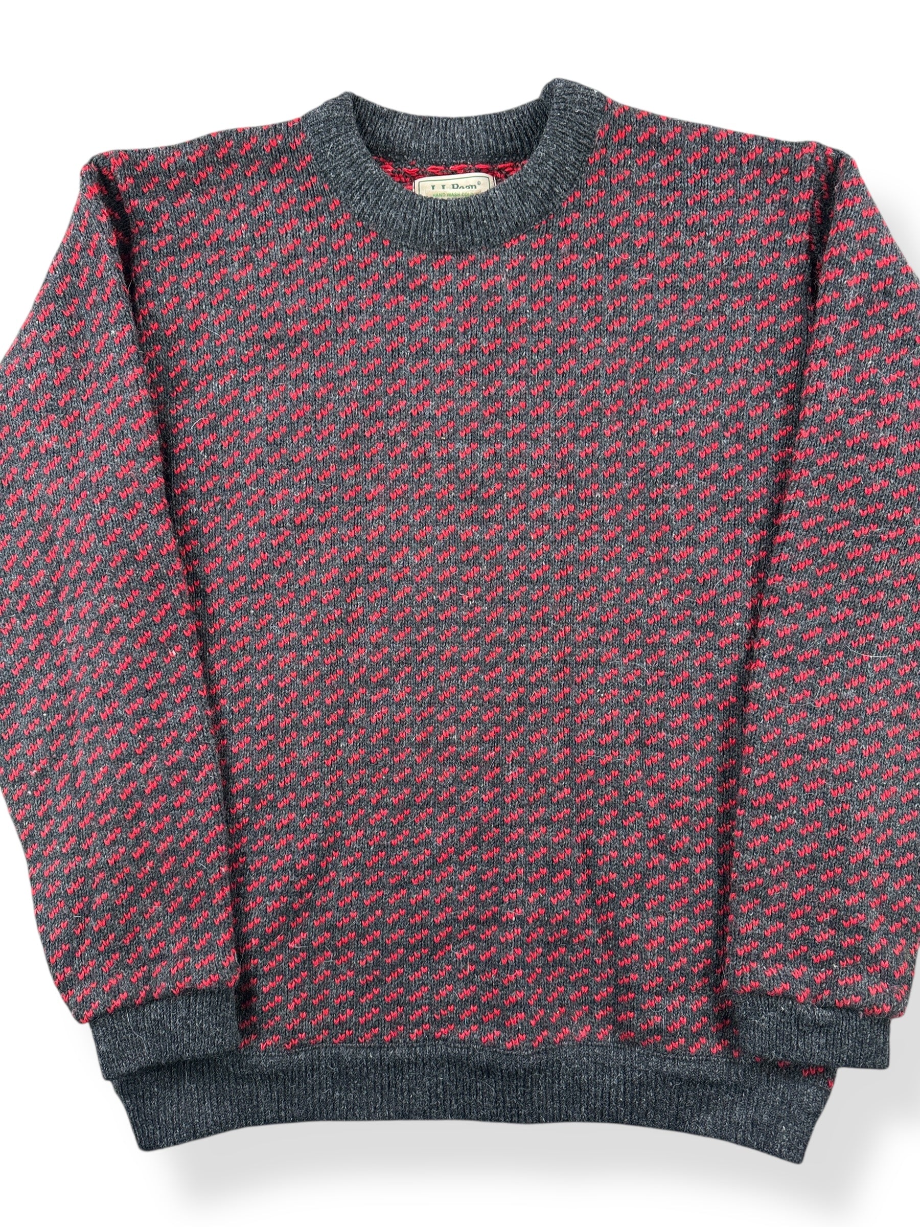 Front Close Up of Vintage Men's LL Bean Birdseye Sweater Red & Grey SZ Tall L
