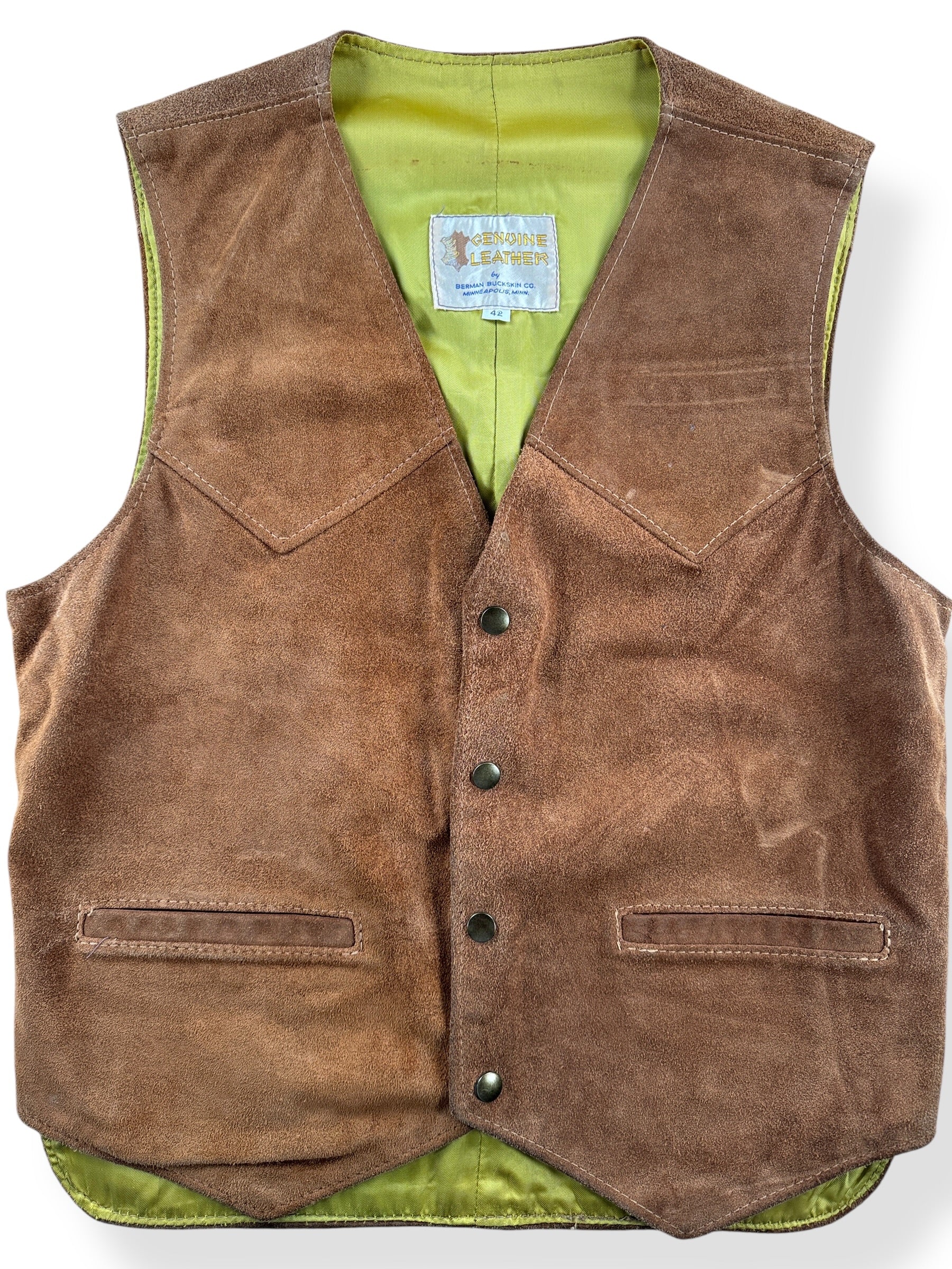 Front Close Up of Vintage Berman Buckskin Suede Vest SZ 42
