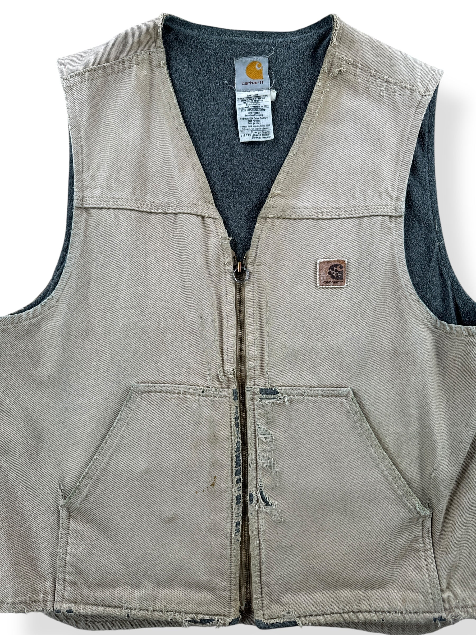 Front Close Up of Vintage Distressed Carhartt Vest SZ L