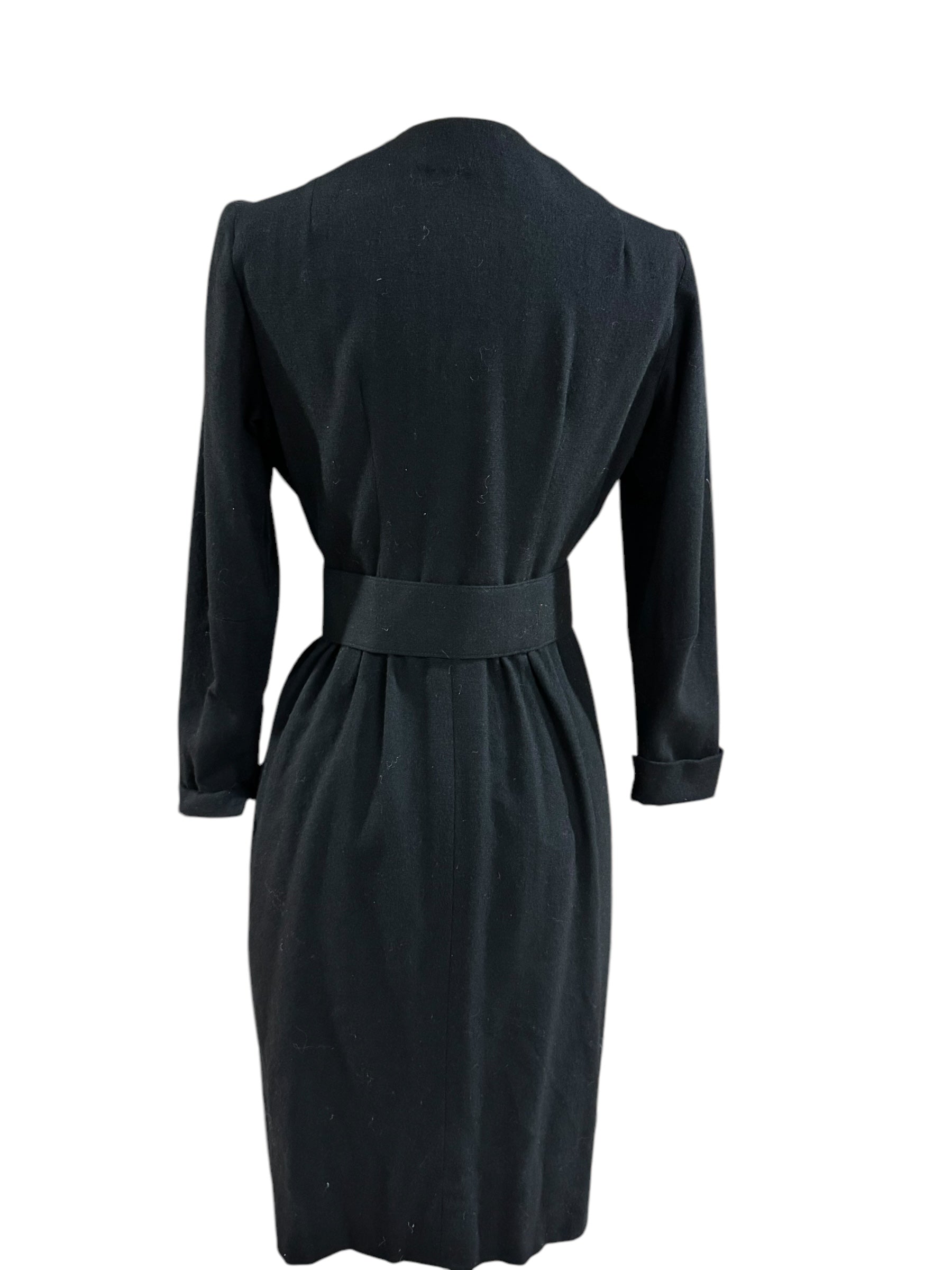 Back view of 1960s Black Wool Button Up Dress S