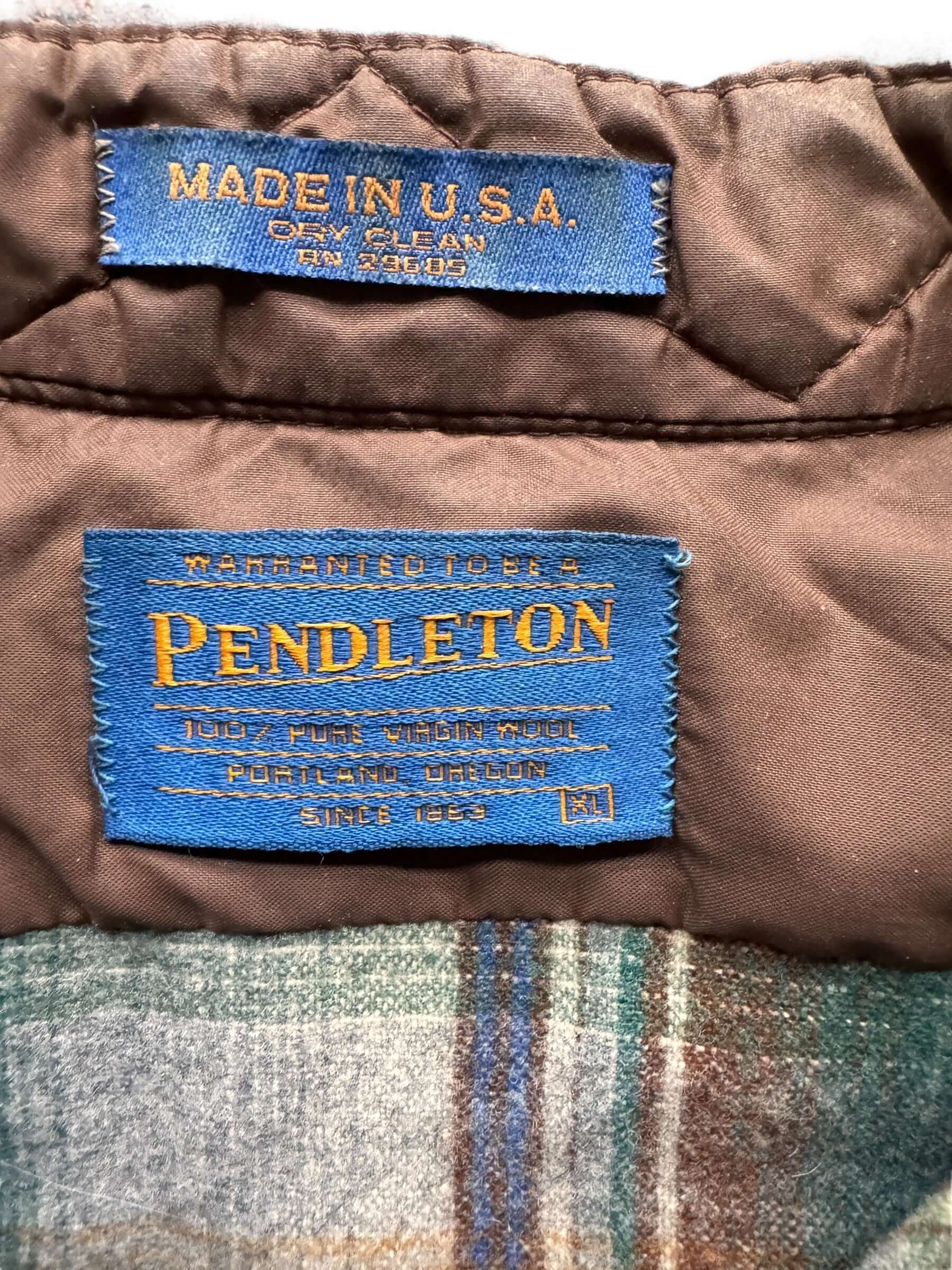 tag on Vintage Pendleton Green/Brown Plaid Pearlsnap Flannel SZ XL