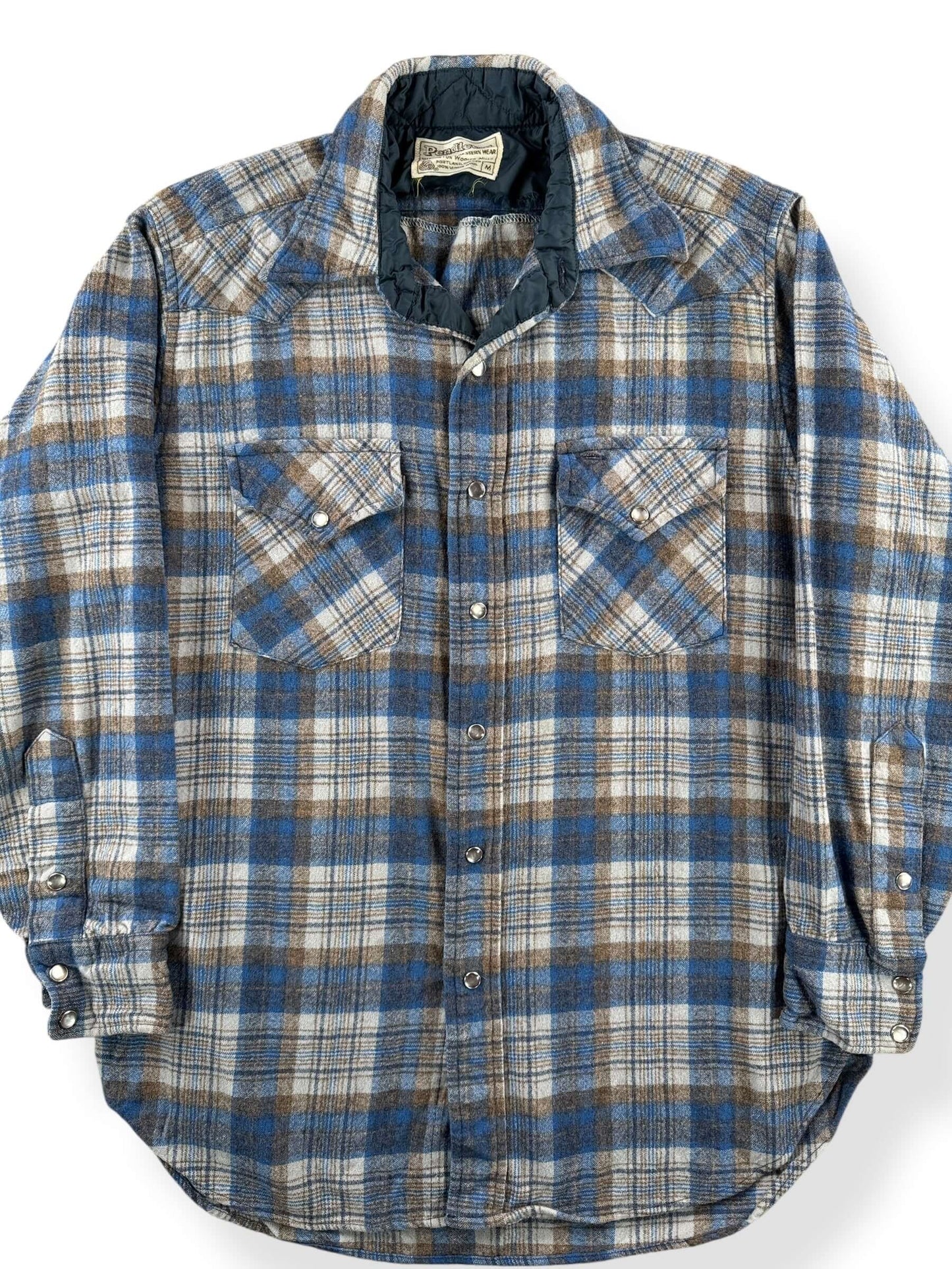 Front Close Up of Vintage 70s Era Pendleton Pearl Snap Flannel SZ M AS IS