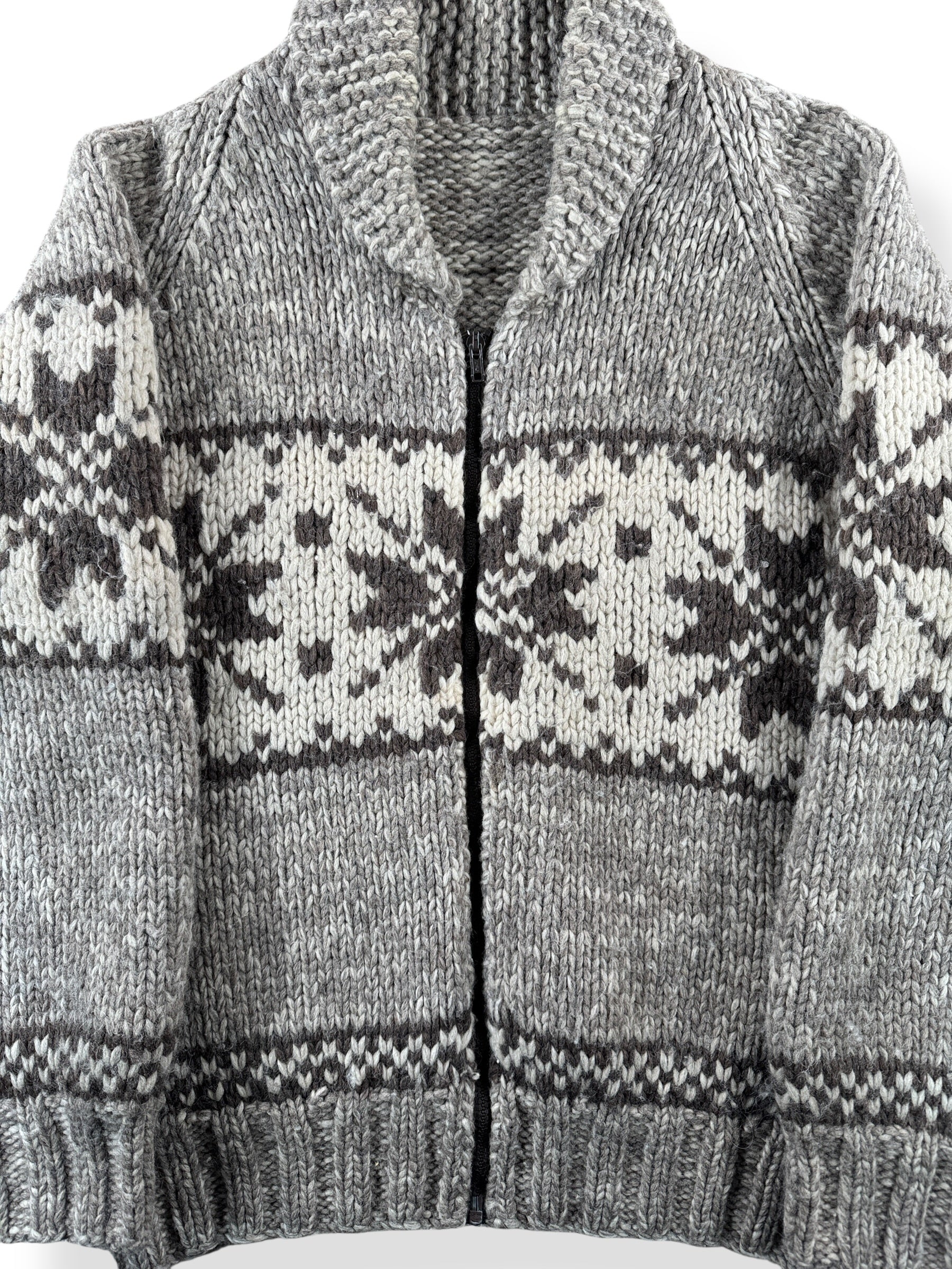 Front Close Up of Vintage Snowflake Pattern Cowichan Style Sweater SZ M