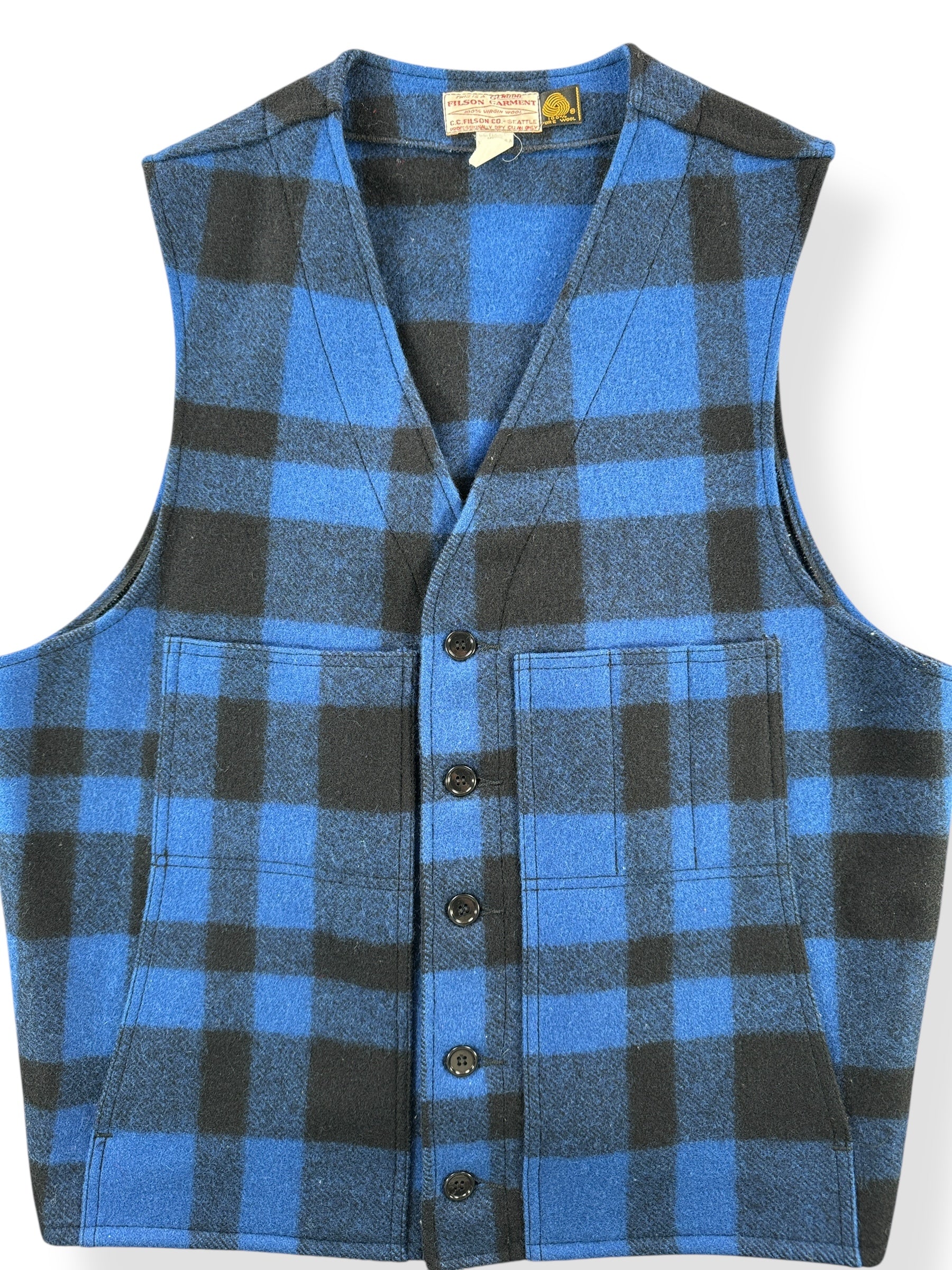 Front Close Up of Vintage Filson Cobalt Blue and Black Mackinaw Wool Vest SZ 48