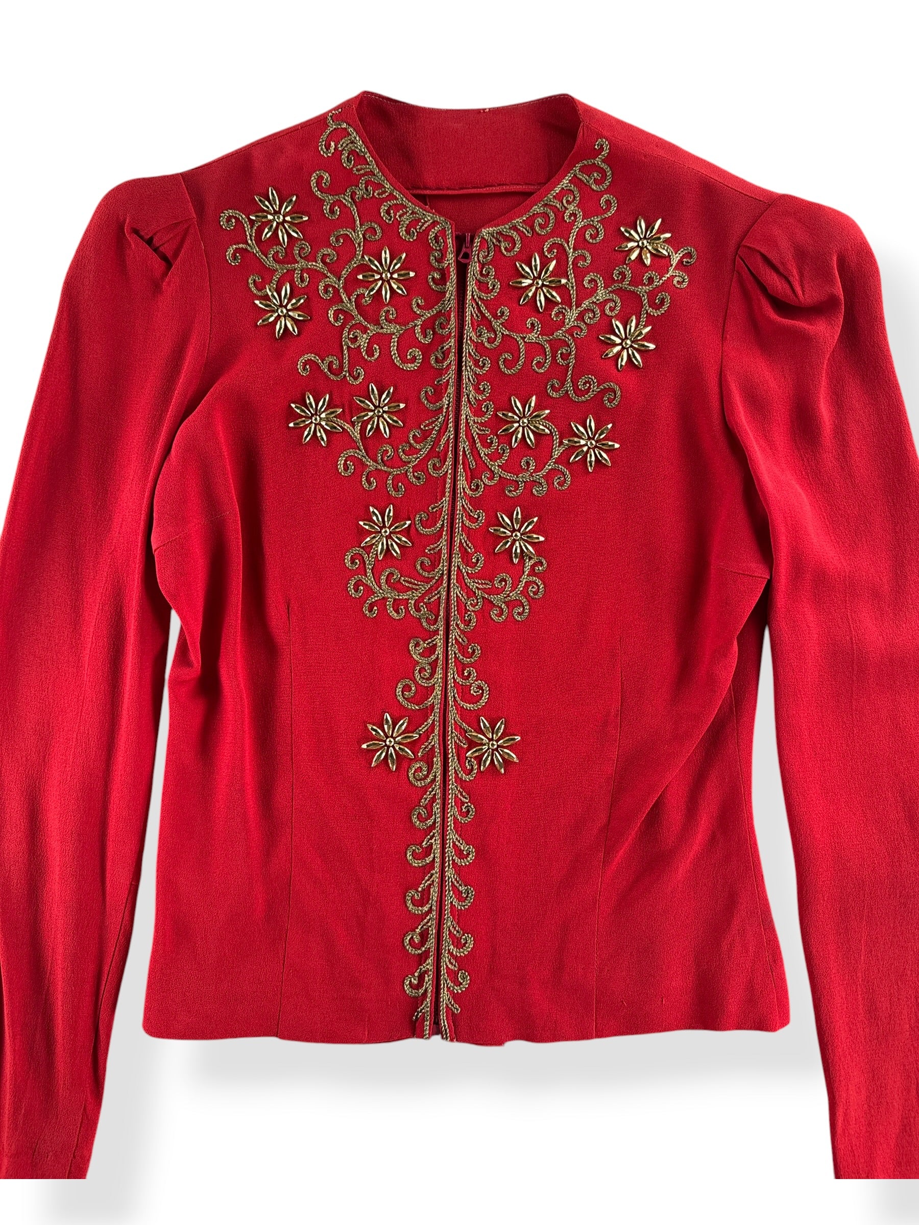 Close-up of Vintage 1940s Red Rayon Blouse W/ Beadwork SZ XS