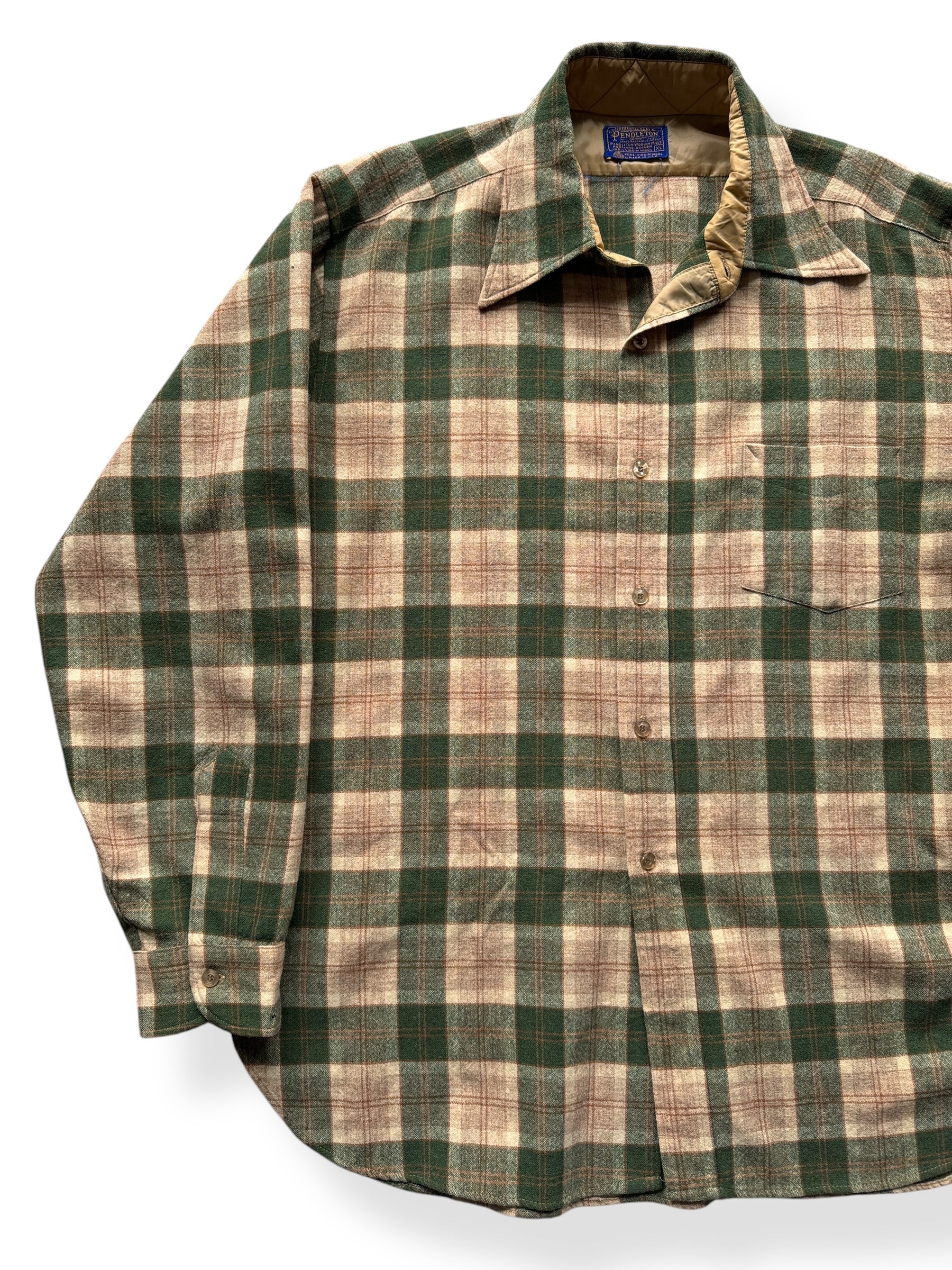 Front Right of Vintage Green and Tan Pendleton Wool Flannel SZ XL