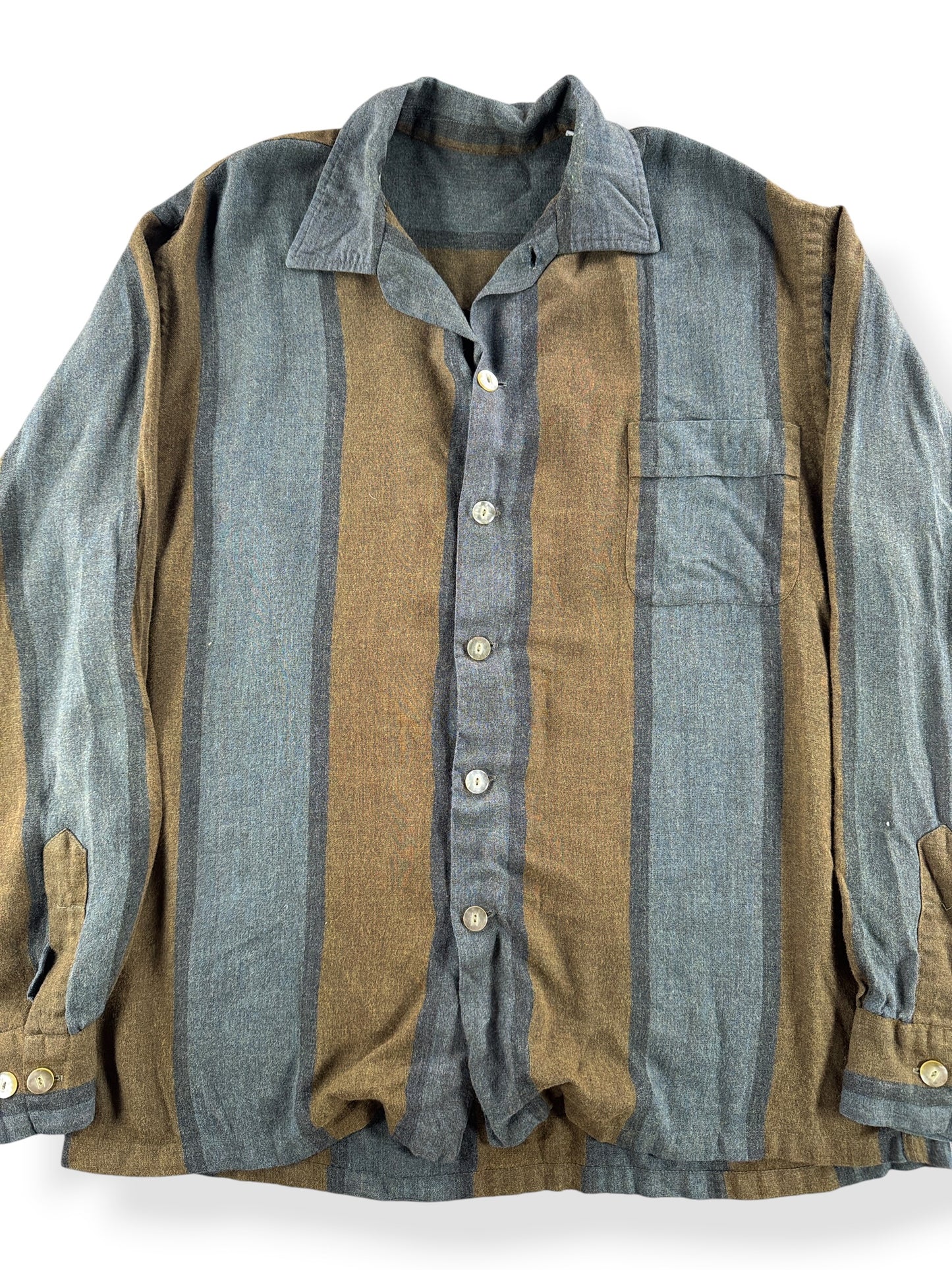 Close up front of Vintage Rayon Striped Long Sleeve Button Up SZ M
